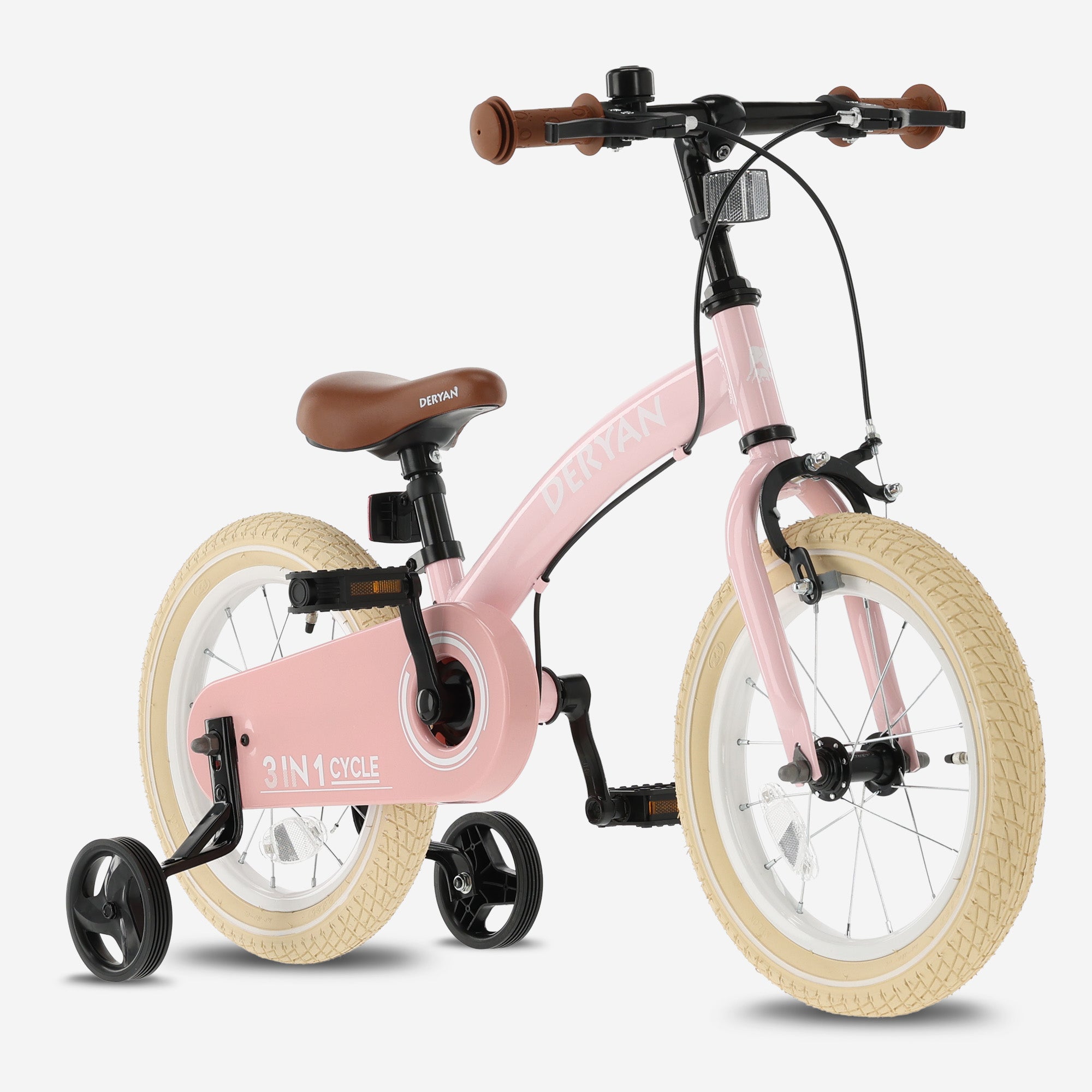 De DERYAN Luxe Kinderfiets van veertien inch in het roze is een veelzijdige drie in één fiets die gebruikt kan worden als loopfiets, oefenfiets en gewone kinderfiets. De fiets heeft een verstelbaar stuur, een zacht PU leren zadel en sterke luchtbanden waardoor kinderen veilig en comfortabel kunnen rijden.