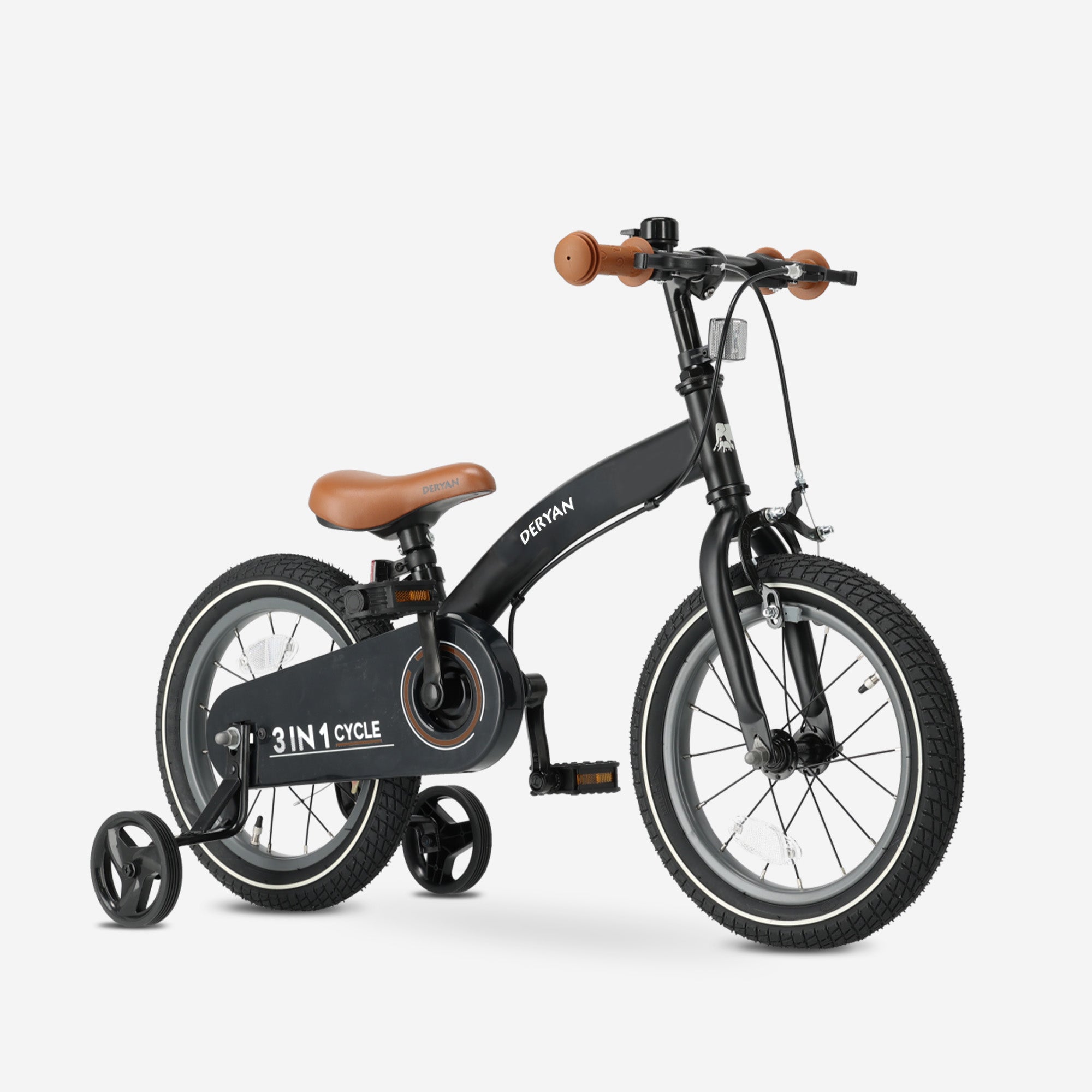 De DERYAN Luxe Kinderfiets van veertien inch in het zwart is een veelzijdige drie in één fiets die gebruikt kan worden als loopfiets, oefenfiets en gewone kinderfiets. De fiets heeft een verstelbaar stuur, een comfortabel PU leren zadel en sterke luchtbanden voor veilig en soepel rijgedrag.