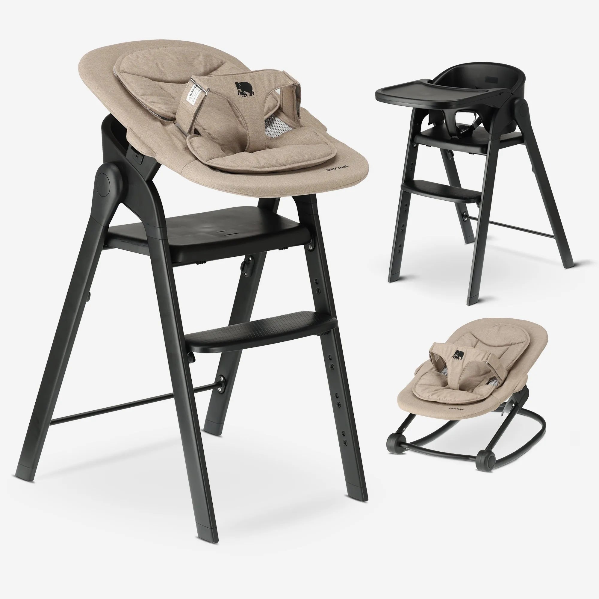 DERYAN Luxus-Hochstuhl mit Babywippe Schwarz/Nougat - vielseitiger mitwachsender Stuhl mit Babywippe und abnehmbarem Esstablett. Bietet ergonomischen Komfort und wächst mit, vom Baby bis zum Kleinkind. Lässt sich kompakt verstauen und ist in der eleganten Farbe Schwarz/Nougat erhältlich. Ideal für moderne Familien.