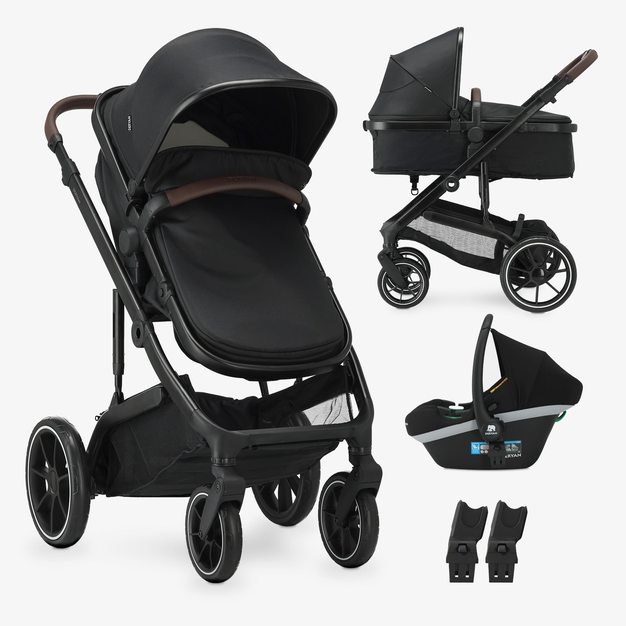 DERYAN Noa 3-in-1 Kinderwagen Zwart – complete kinderwagen met reiswieg, autostoel en adapters. Compact opvouwbaar en voorzien van bekerhouder. Geschikt van baby tot peuter. Combineert comfort, veiligheid en stijl voor ouders die gemak en kwaliteit belangrijk vinden.