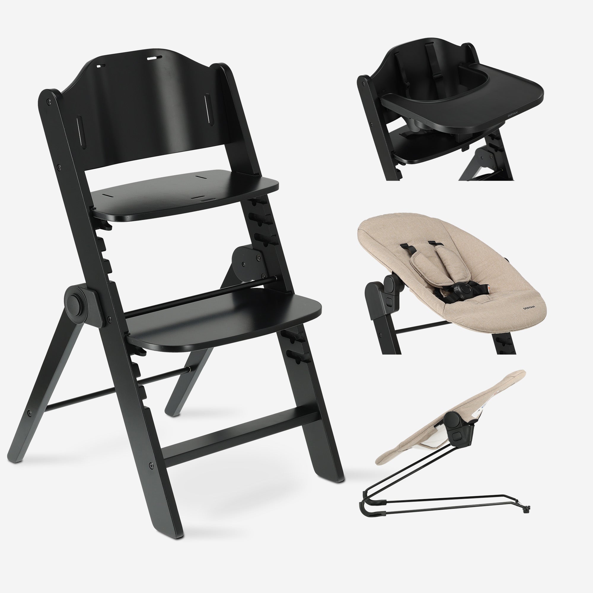 DERYAN Odin Luxe houten meegroeistoel in nougat, met ergonomisch verstelbaar ontwerp, zachte bouncer en afneembaar eetblad. Een duurzame en praktische kinderstoel die meegroeit met je kind en ideaal is voor dagelijks gebruik in moderne gezinnen.