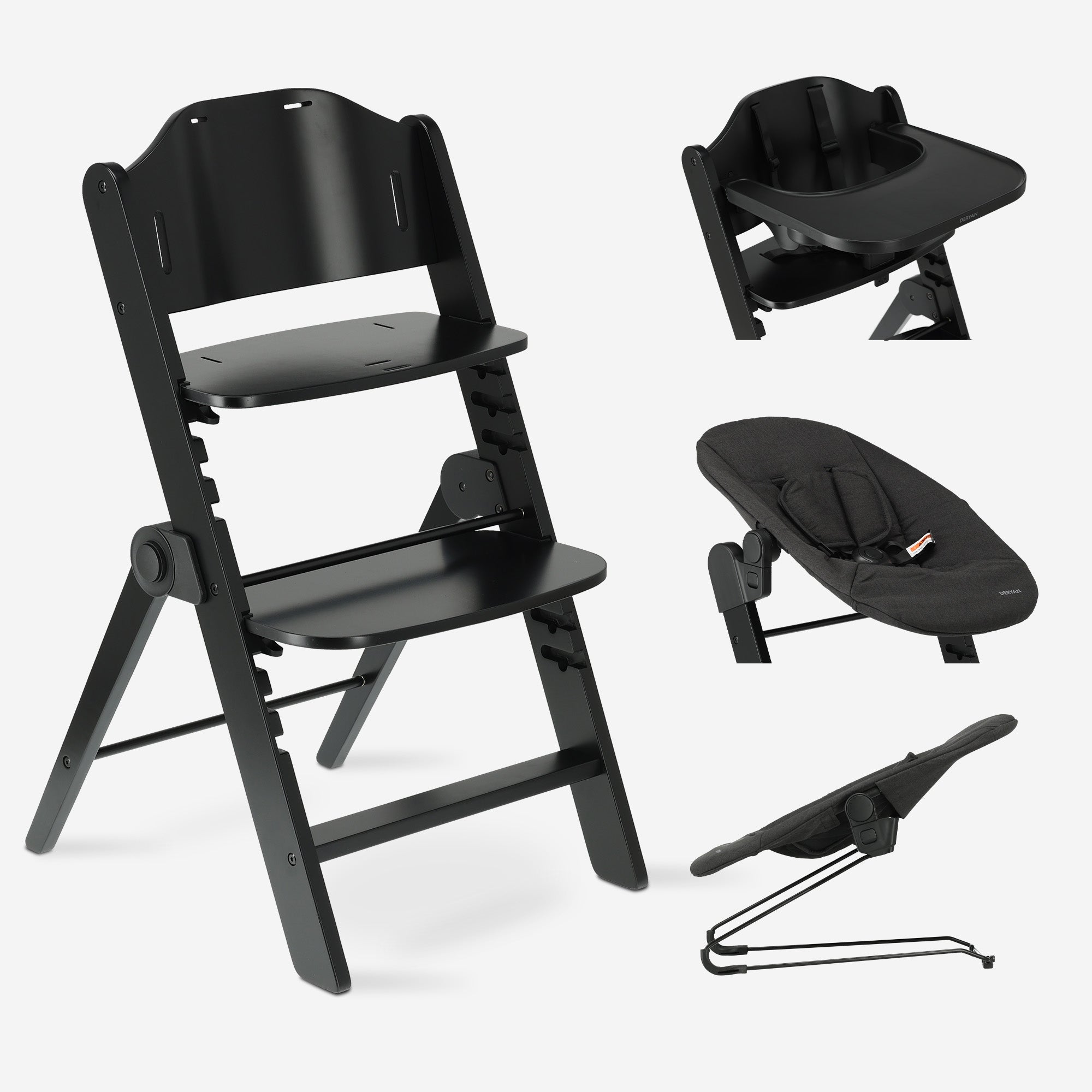 DERYAN Odin Luxe Houten Meegroeistoel Zwart – veelzijdige kinderstoel met bouncer en afneembaar eetblad. Groeit mee van baby tot volwassene en biedt ergonomisch comfort dankzij het verstelbare ontwerp. Gemaakt van stevig hout en eenvoudig op te bergen. Perfect voor moderne gezinnen.