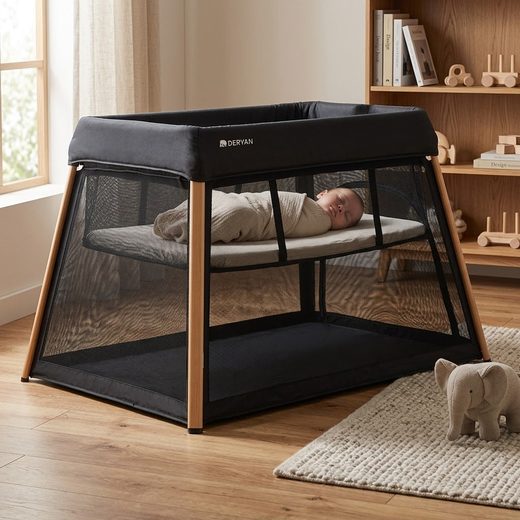 2-in-1 Campingbed en Kinderbox - Inclusief bodemverhoger - Houtlook