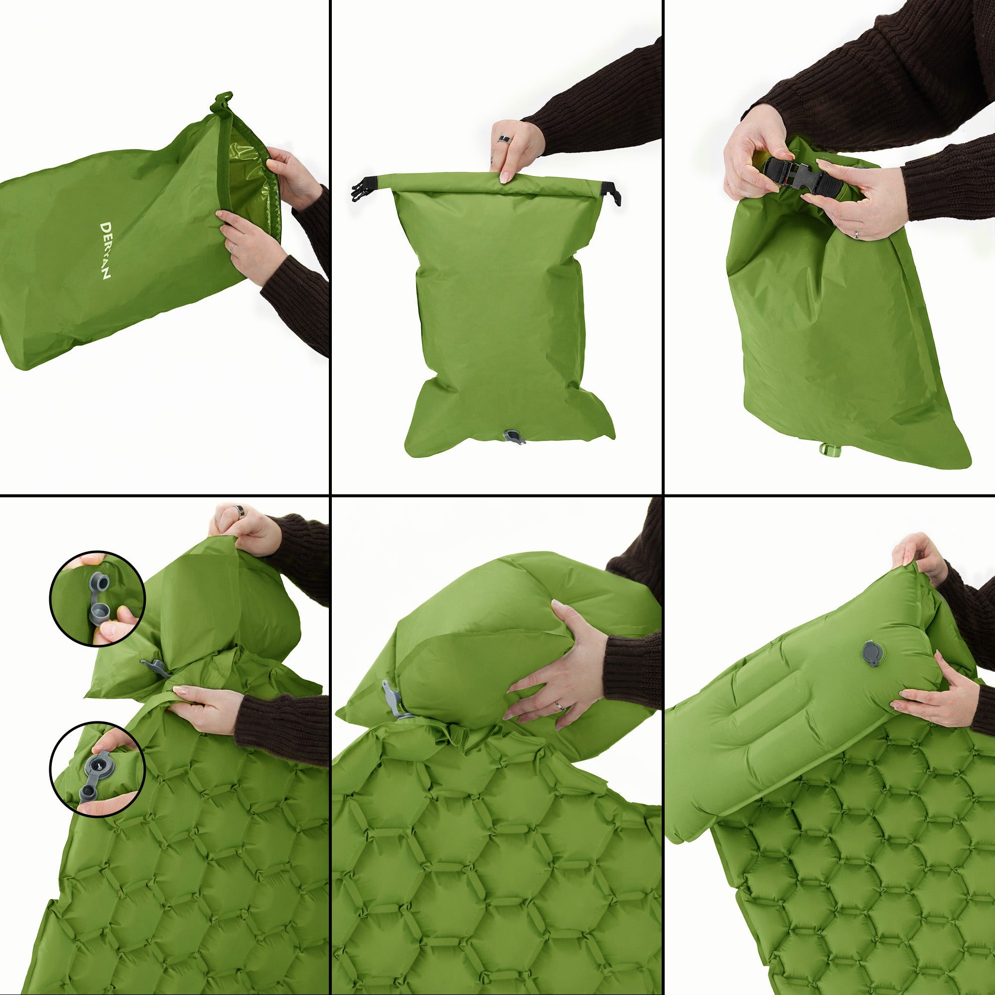 Deryan Air Bed - Zelfopblazend met ingebouwde Pomp - Luchtbed Kamperen - Inclusief tas - Groen