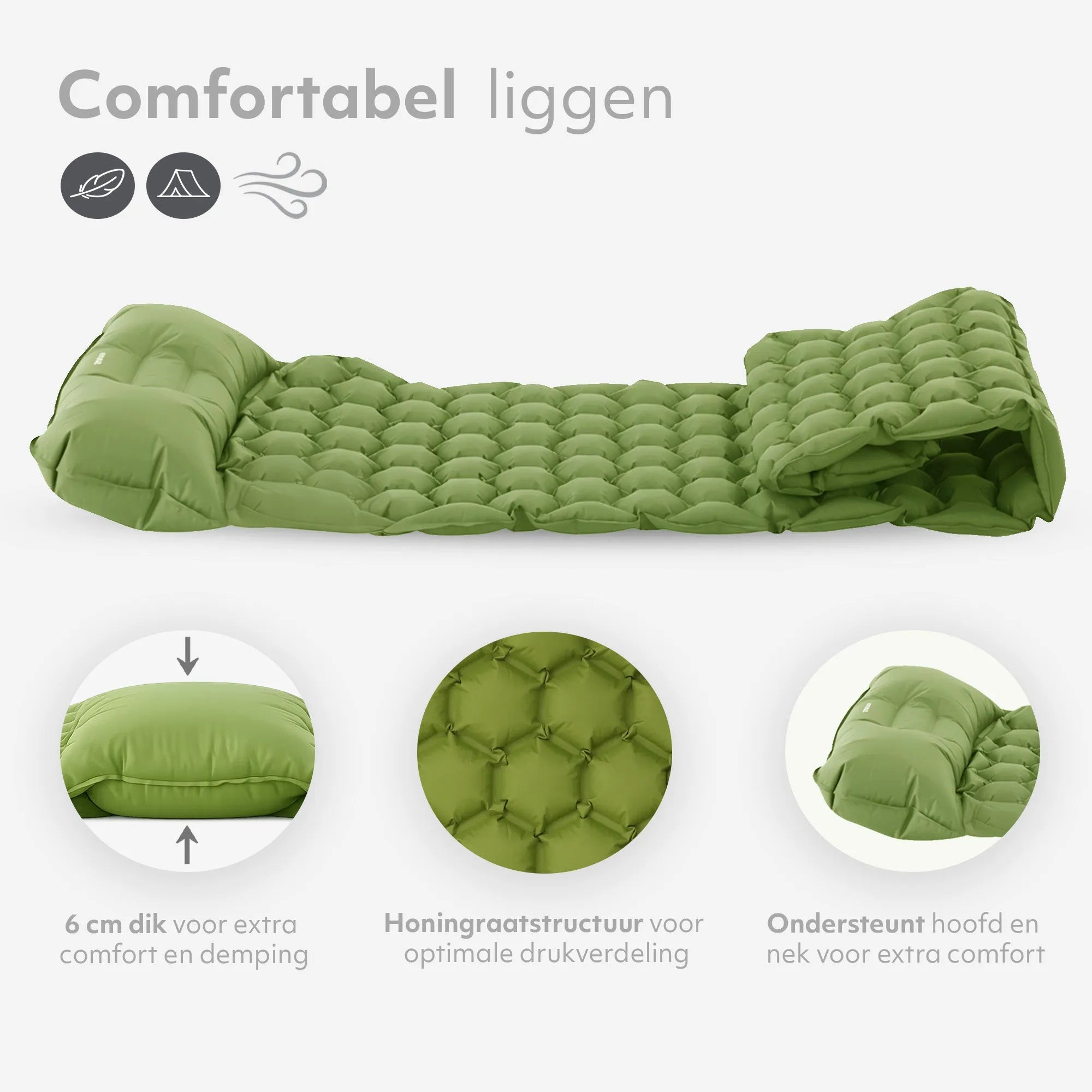 Deryan Bed - Self-inflating with built-in pump - Camping air mattress - Includes carrying bag - Green