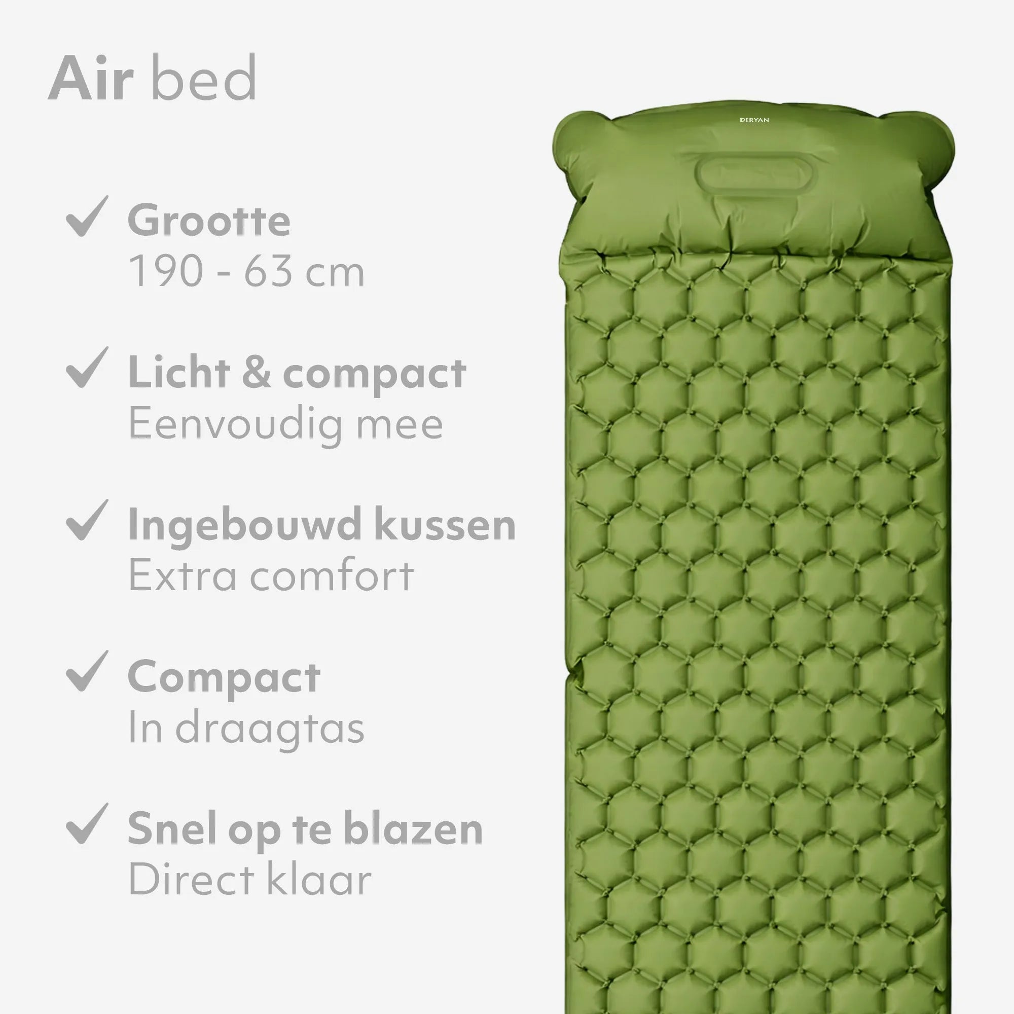 Deryan Bed - Self-inflating with built-in pump - Camping air mattress - Includes carrying bag - Green