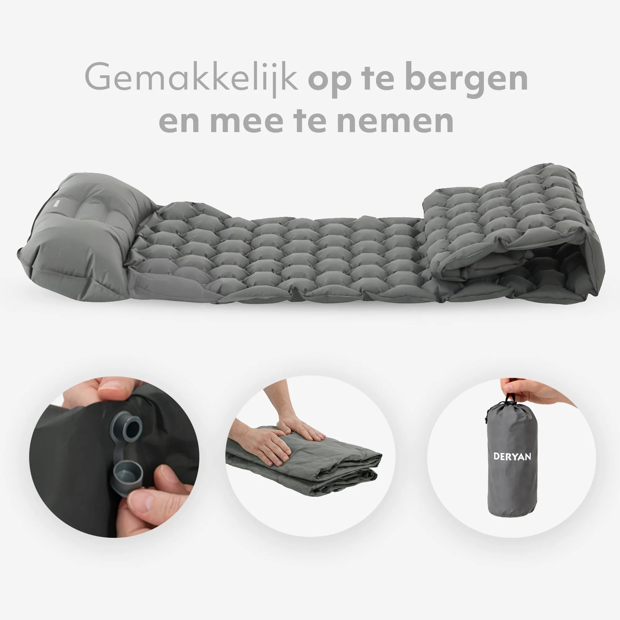 Deryan Bed - Self-inflating with built-in pump - Camping air mattress - Includes carrying bag - gray