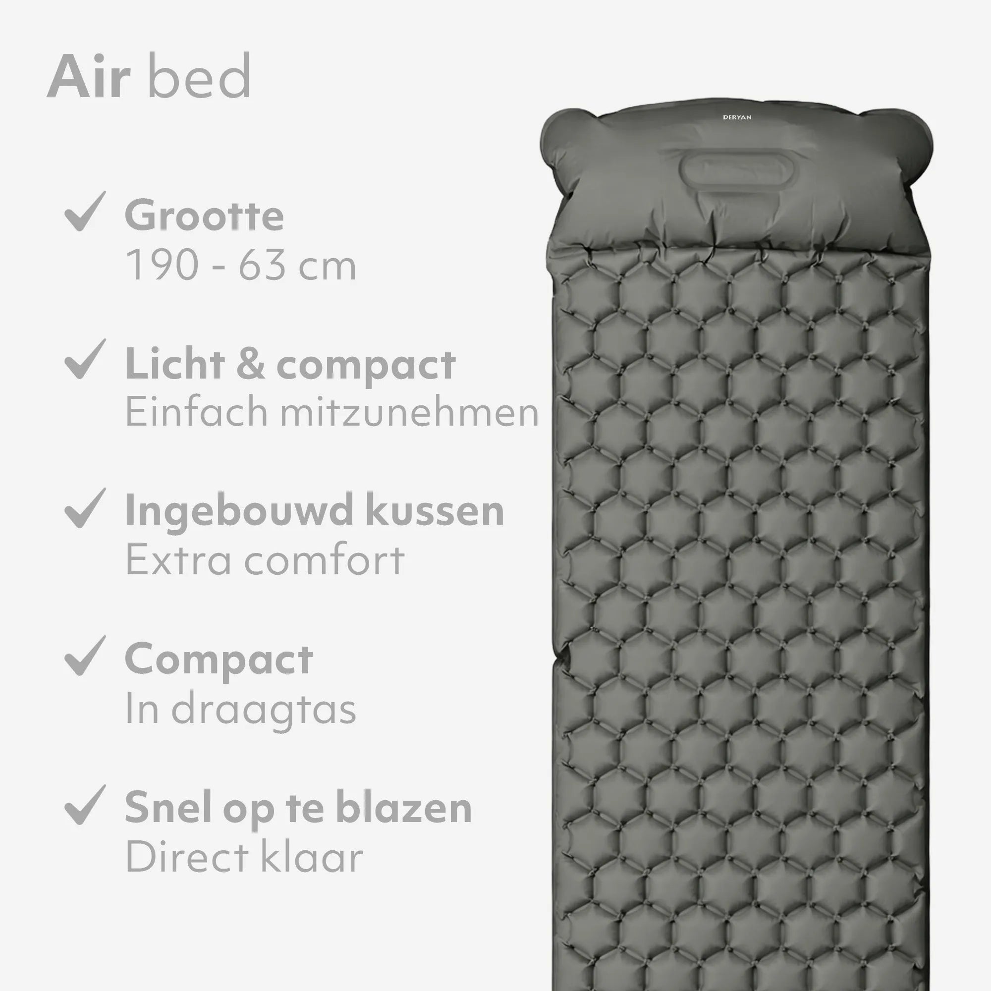 Deryan Bed - Self-inflating with built-in pump - Camping air mattress - Includes carrying bag - gray