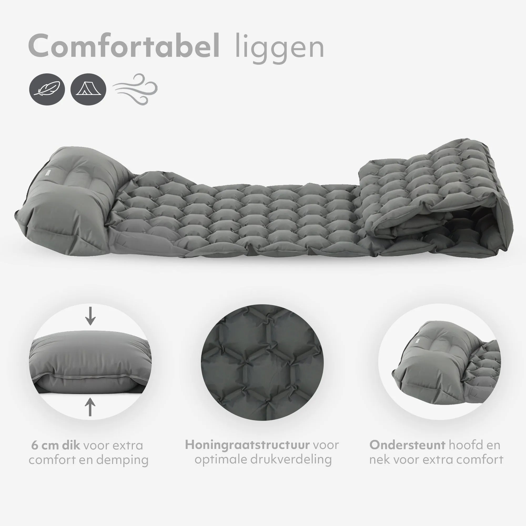Deryan Bed - Self-inflating with built-in pump - Camping air mattress - Includes carrying bag - gray