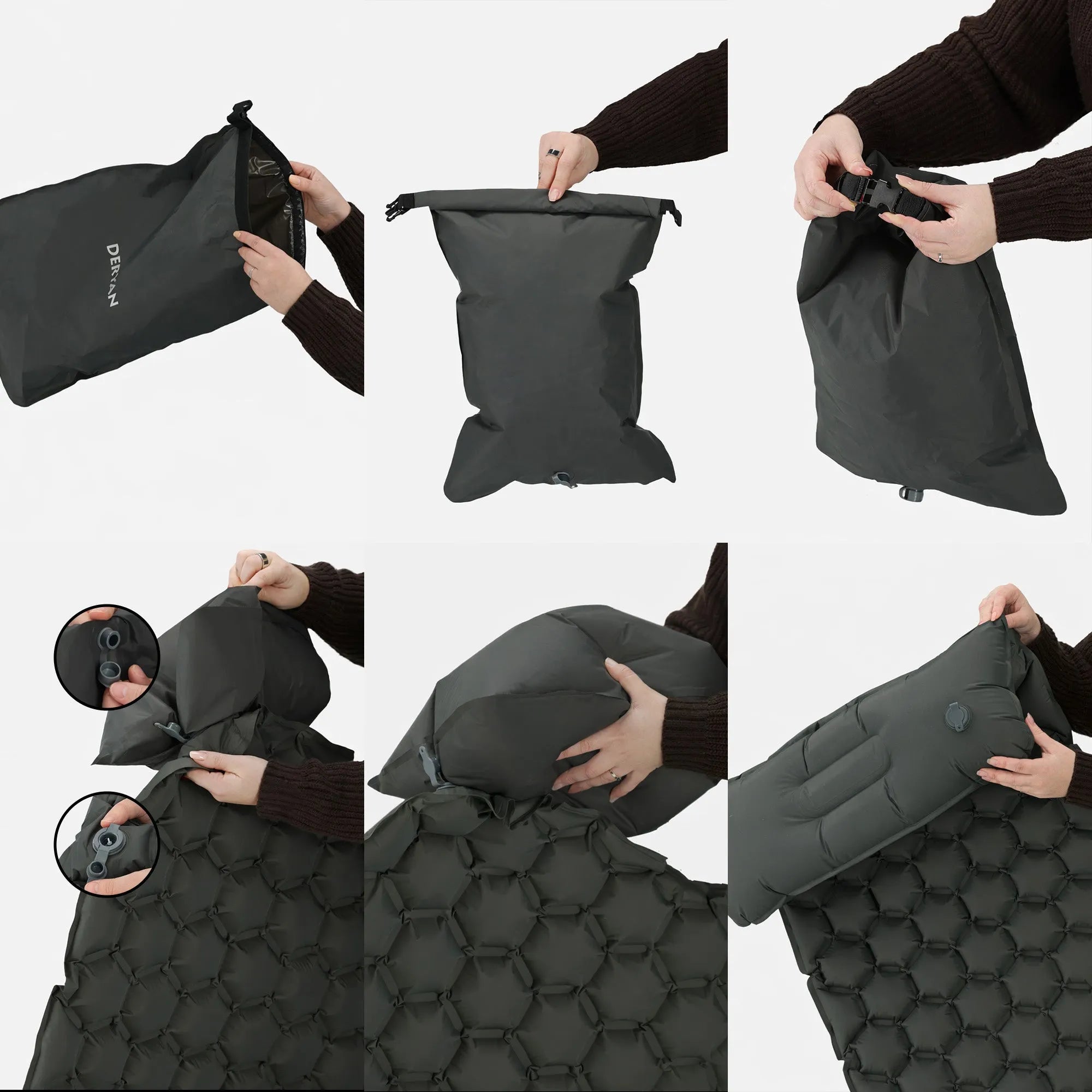 Deryan Bed - Self-inflating with built-in pump - Camping air mattress - Includes carrying bag - gray
