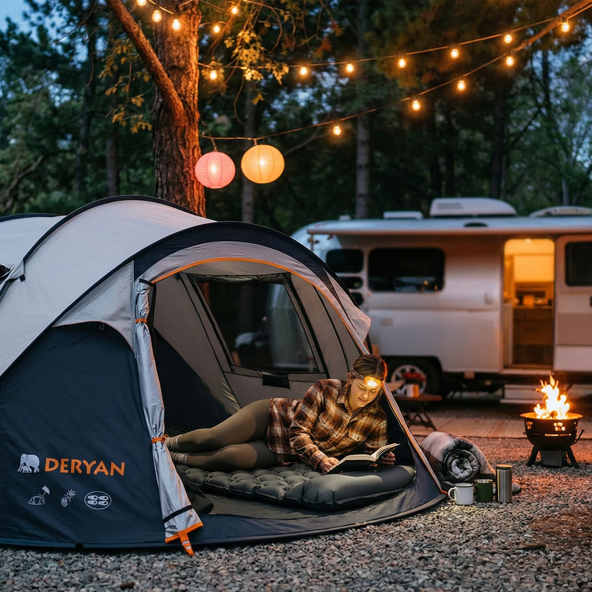 Deryan – Självuppblåsande med inbyggd pump – Luftmadrass för camping – Inklusive väska – grå