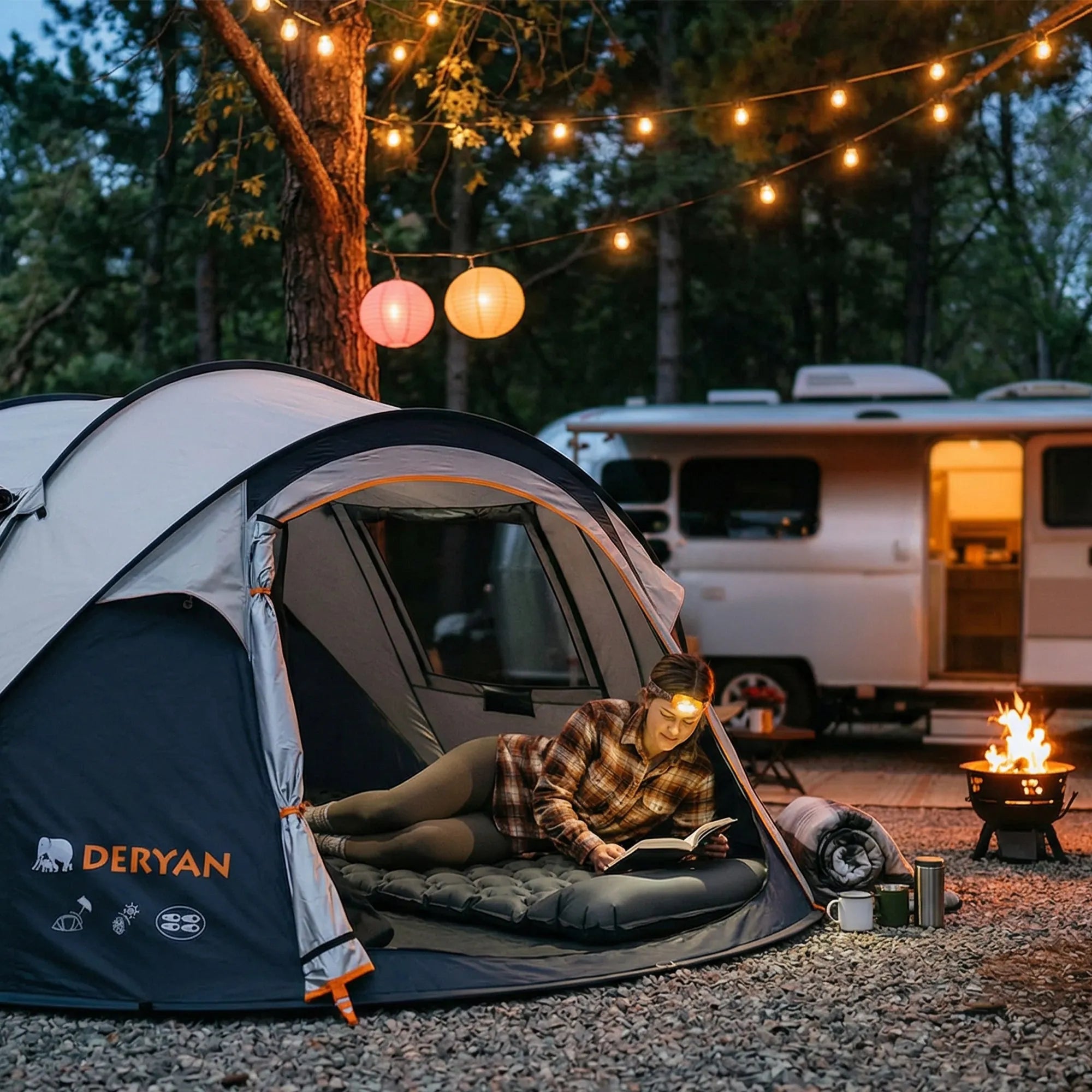 Deryan Bed – samopompujące się z wbudowaną pompką – materac dmuchany na kemping – w zestawie torba – szary