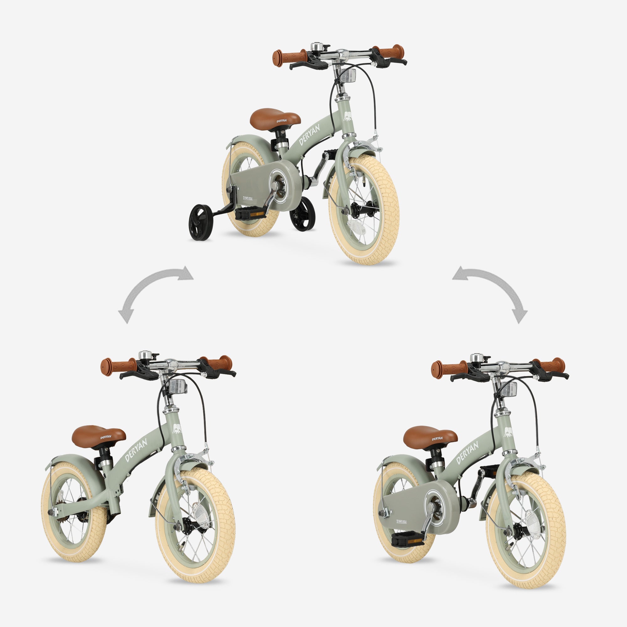 Luksus børnecykel 12 tommer - 3 i 1 - gåcykel Grøn