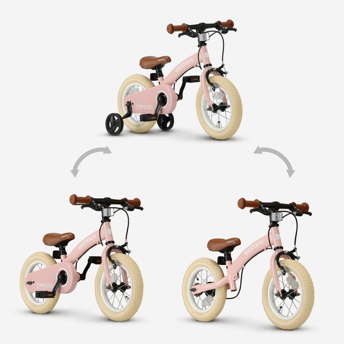 Luksus børnecykel 12 tommer - 3 i 1 - gåcykel Pink