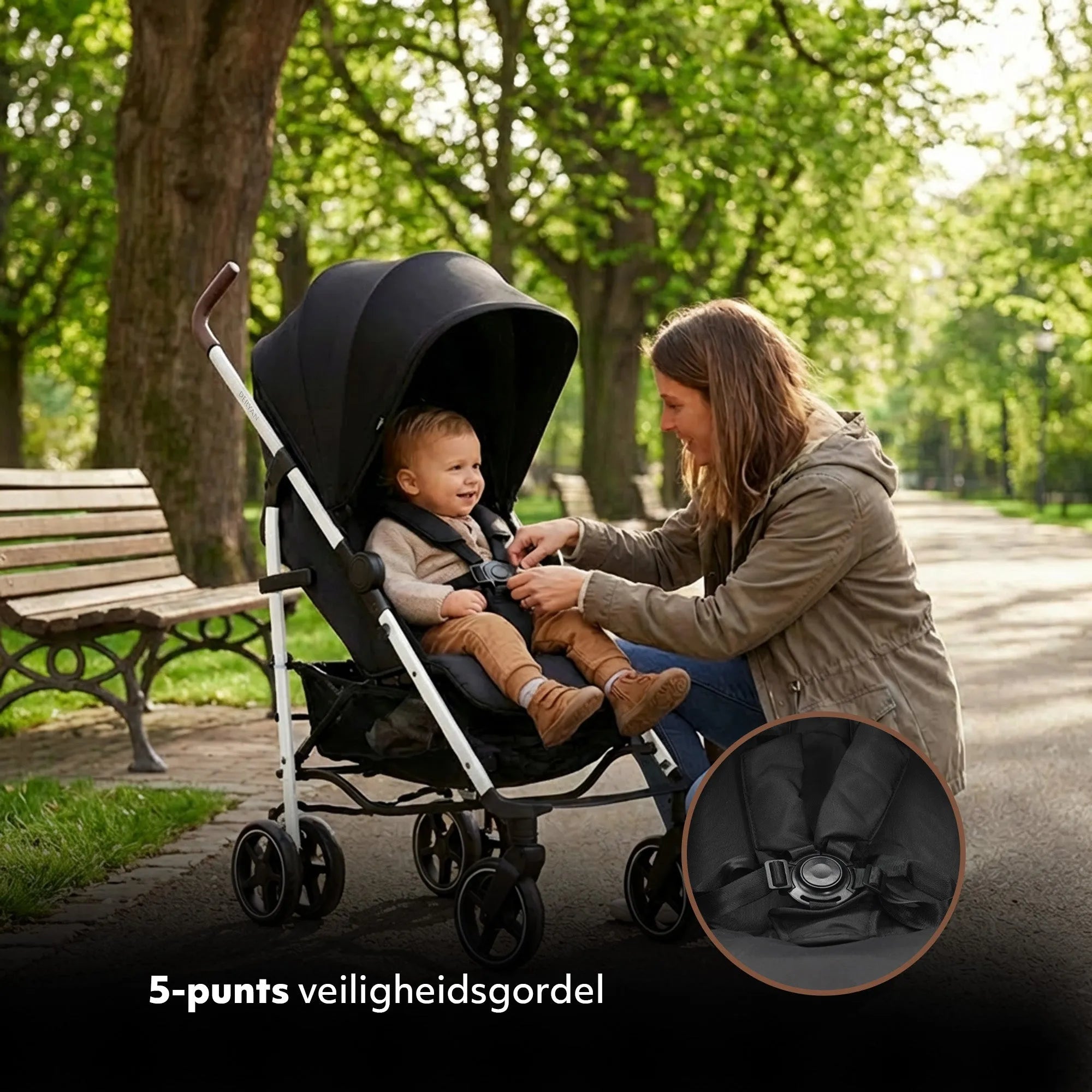 Bobbie - Paraplu Buggy - 5-Punts Gordel - Geschikt voor Kinderen tot 22 kg - Inclusief Muggennet - Zwart met Wit Frame