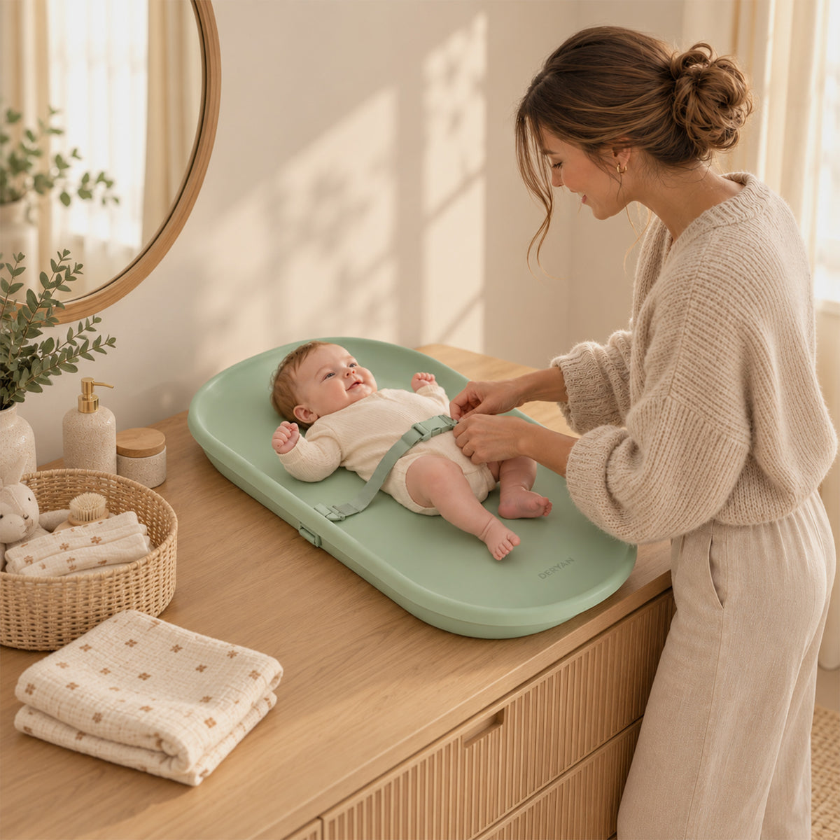 Wasserdichte Wickelauflage mit erhöhten Rändern – Sage Green
