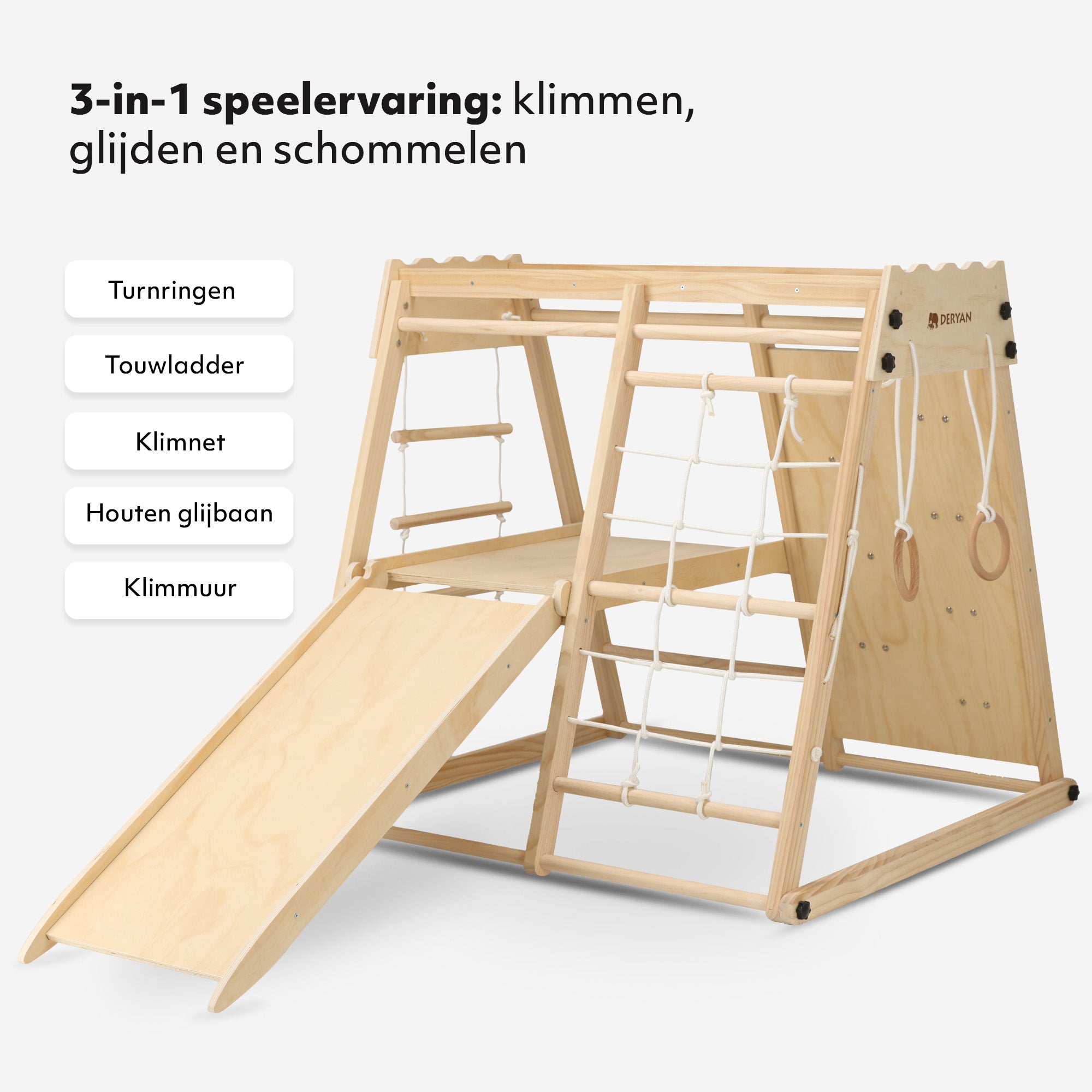Luksus klatrestativ i træ - legeredskaber til børn - med rutsjebane + klatrevæg og tilbehør
