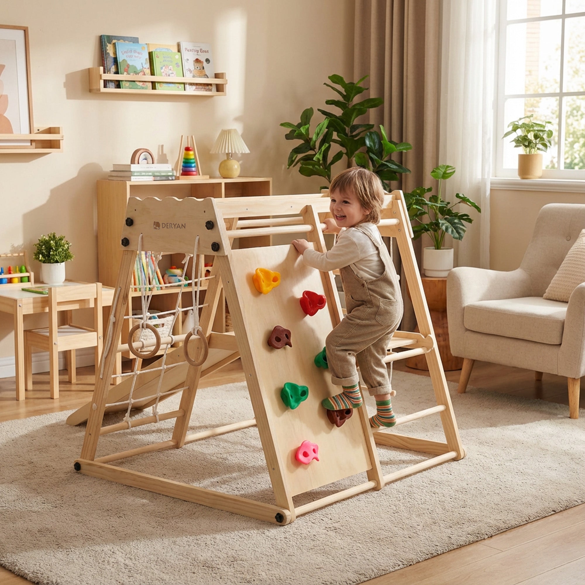 Palestra Montessori 9-in-1 Per Bambini: Scivolo E Altalena In Legno | Set Arrampicata Indoor Con Rampino E Rete