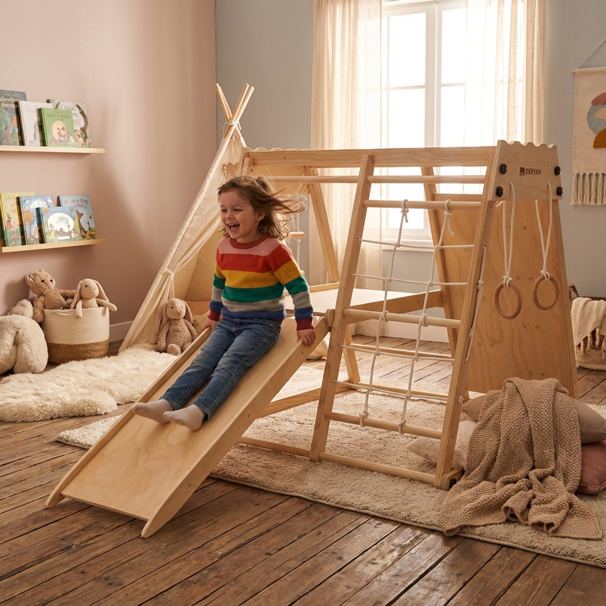 Luxury Wooden Play Climbing Rack - Children's Playground - With Slide + Climbing Wall and Accessories