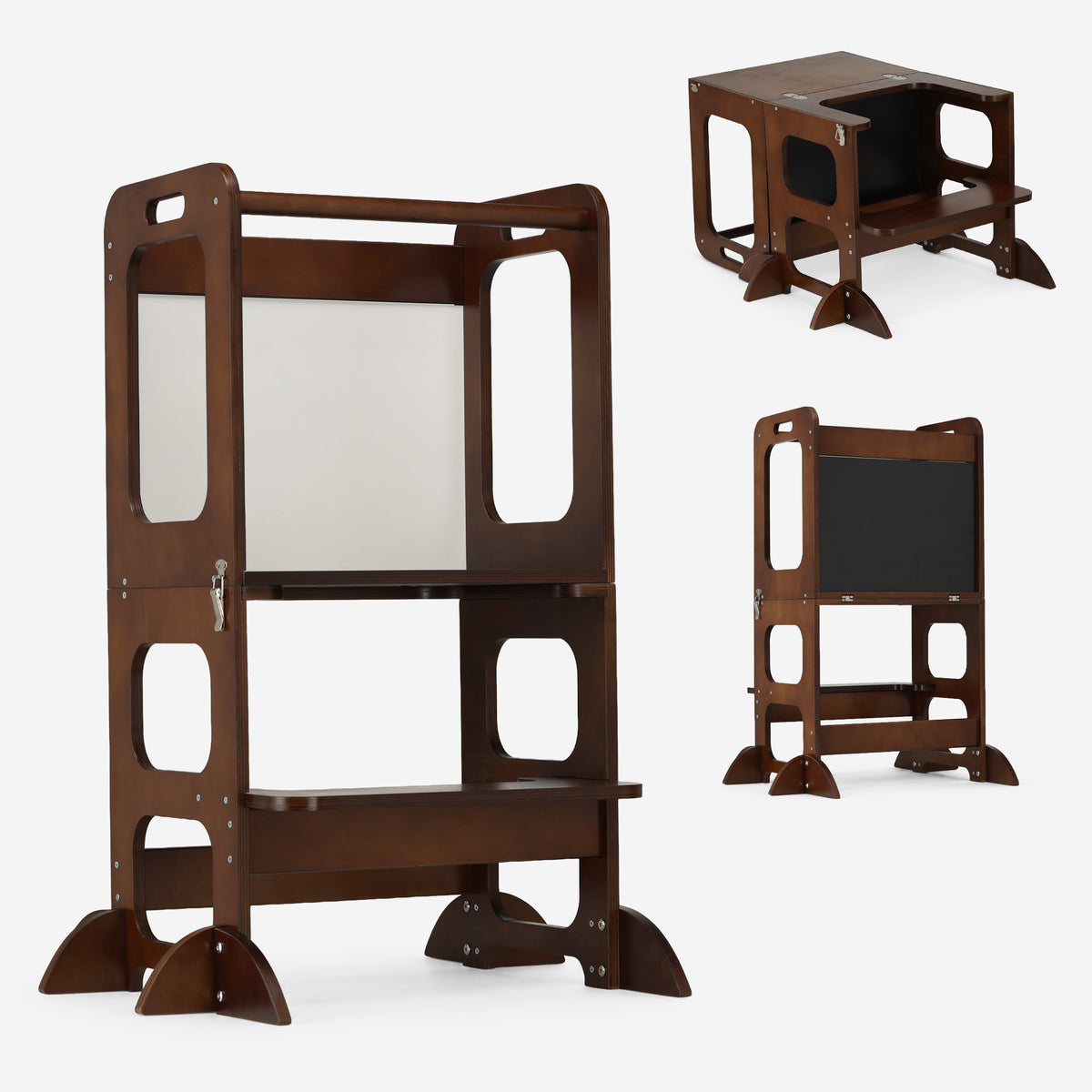 Luxuriöser 4-in-1-Lernturm aus Holz mit Zeichenbrett und Spieltisch – Warm Brown