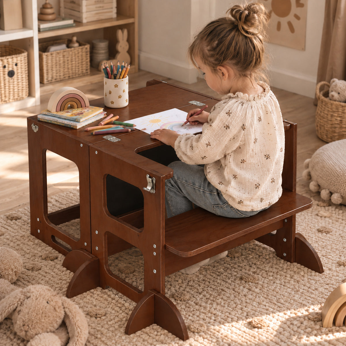 Luxuriöser 4-in-1-Lernturm aus Holz mit Zeichenbrett und Spieltisch – Warm Brown