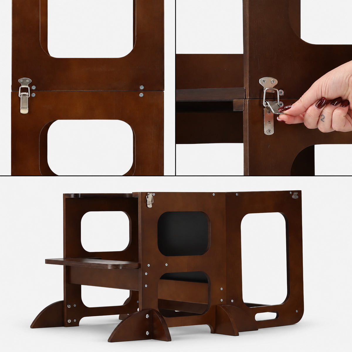 Luxuriöser 4-in-1-Lernturm aus Holz mit Zeichenbrett und Spieltisch – Warm Brown