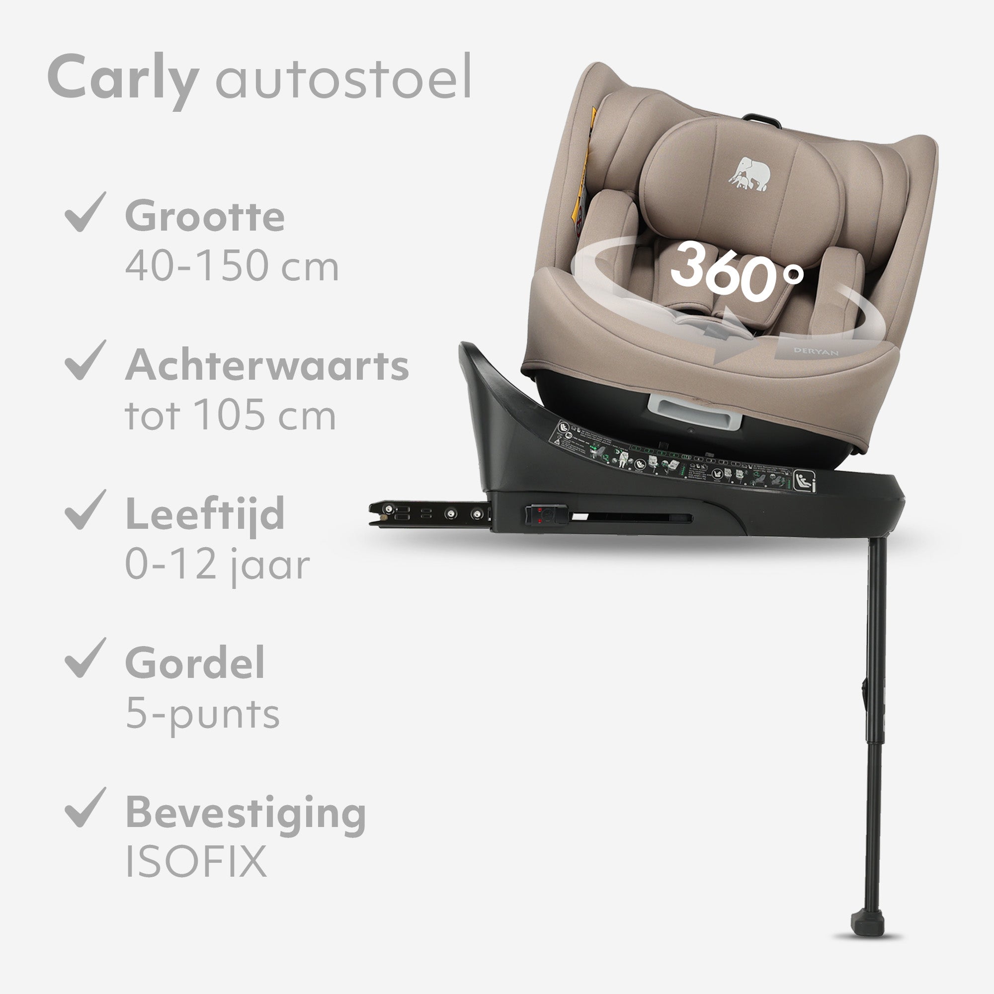 Carly Luxe i-Size Autostoel - 0-36kg - Isofix + steunpoot - 360 draaibaar - Nougat