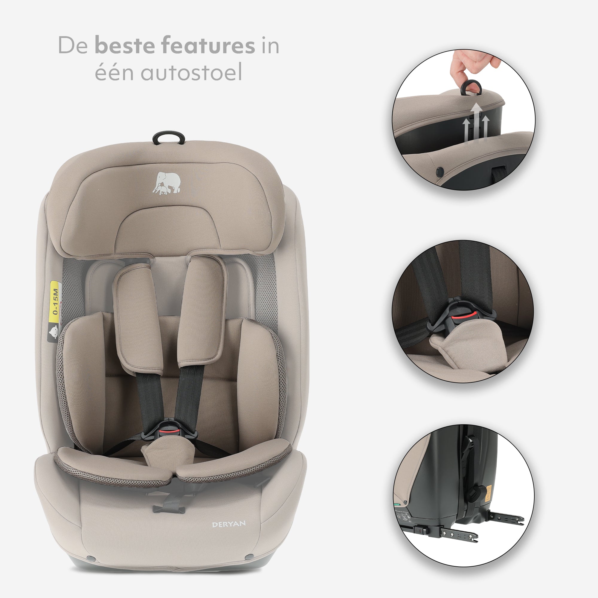 Carter Luxe i-Size/Isofix Car Seat 76–150 cm – 9–36 kg – Deep Seat – Adjustable Headrest – Safety Systems – Easy to Clean – Group 1/2/3 – Nougat