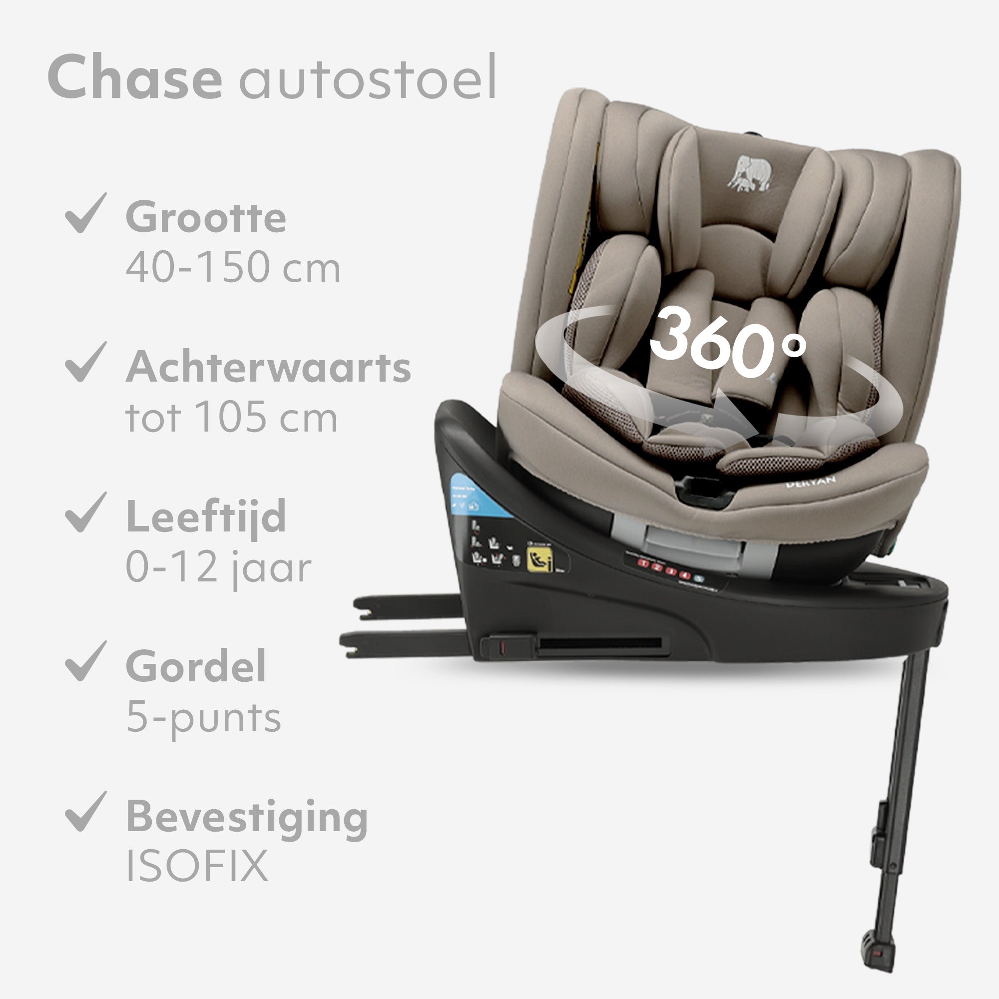 Chase Luxe i-Size/Isofix 360° Support Leg Car Seat 40–150 cm – 0–36 kg – Truffle Sand