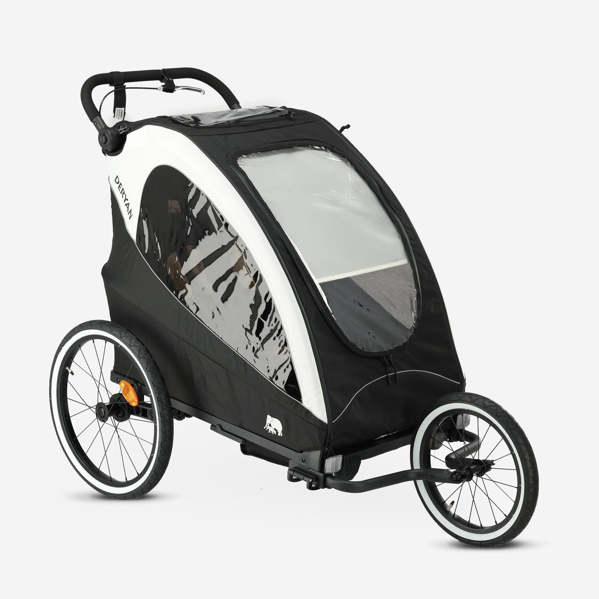 The DERYAN in black can be used as a bike trailer, stroller, and jogging stroller. The model has adjustable handlebars, 12-inch pneumatic tires, a closed chain guard, and a steering limiter. The trailer is suitable for use with young children.