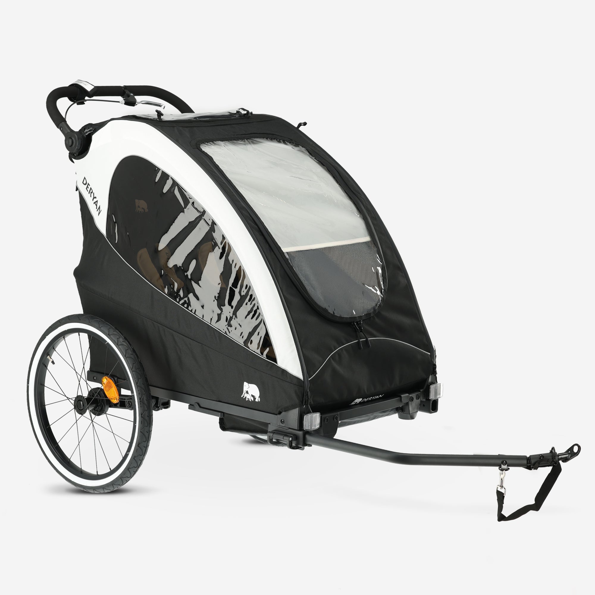 The DERYAN in black can be used as a bike trailer, stroller, and jogging stroller. The model has adjustable handlebars, 12-inch pneumatic tires, a closed chain guard, and a steering limiter. The trailer is suitable for use with young children.