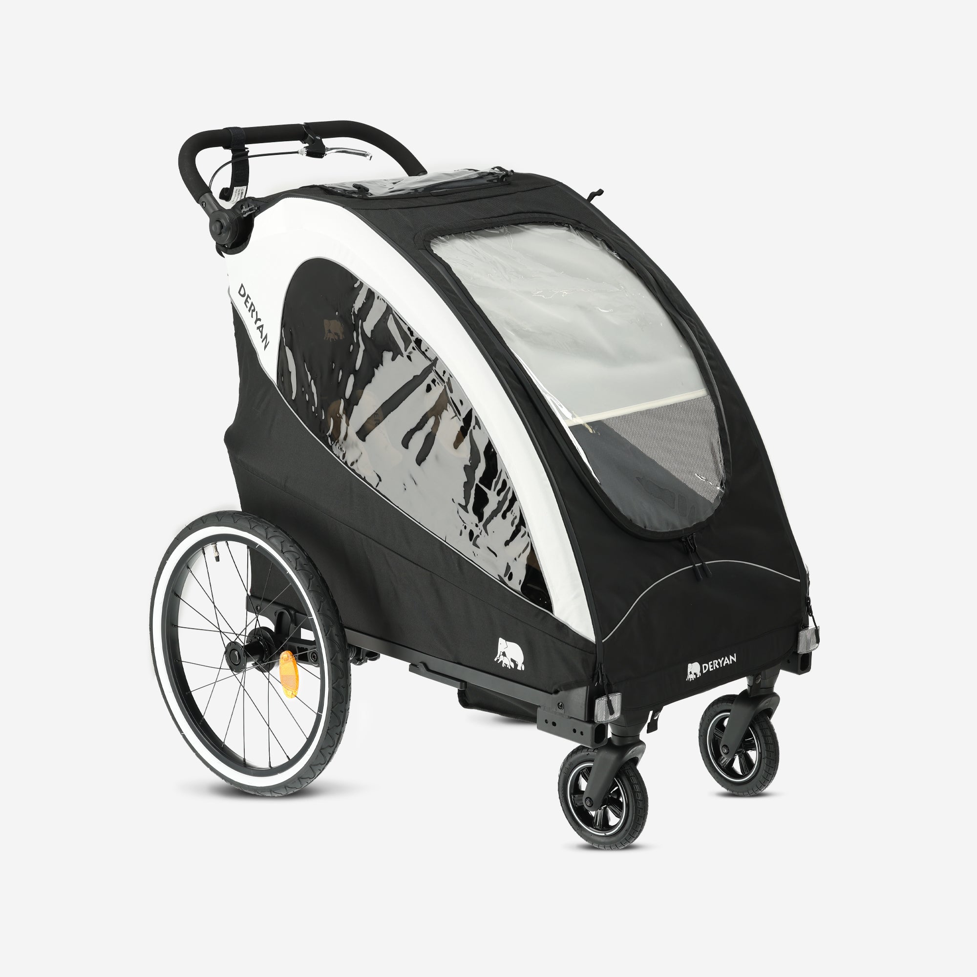 The DERYAN in black can be used as a bike trailer, stroller, and jogging stroller. The model has adjustable handlebars, 12-inch pneumatic tires, a closed chain guard, and a steering limiter. The trailer is suitable for use with young children.