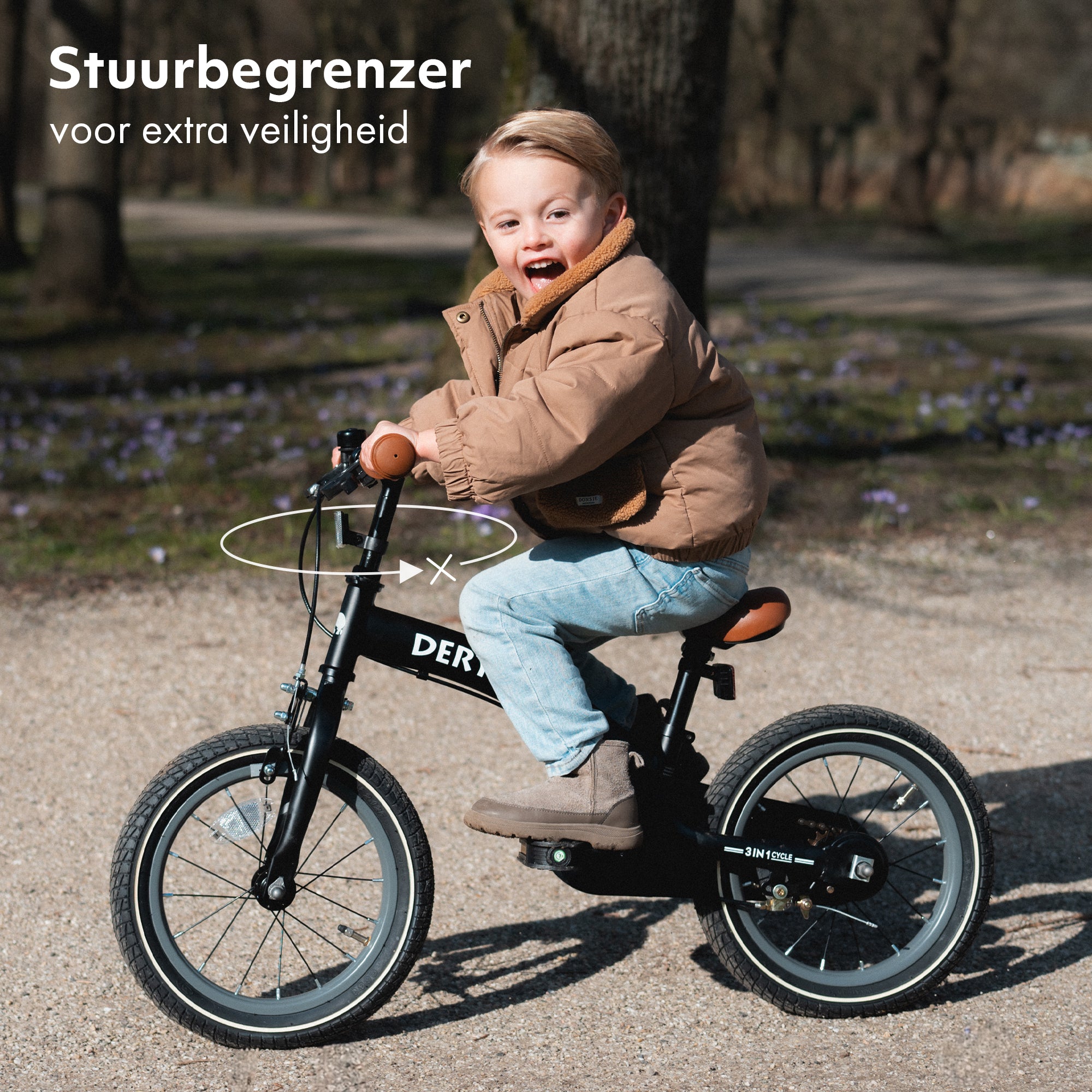 The DERYAN can be used as a balance bike, training bike, and children's bike. The model has adjustable handlebars, a PU leather saddle, removable pedals, and a closed chain guard. The bike is intended for young children who are learning to ride a bike in different stages.
