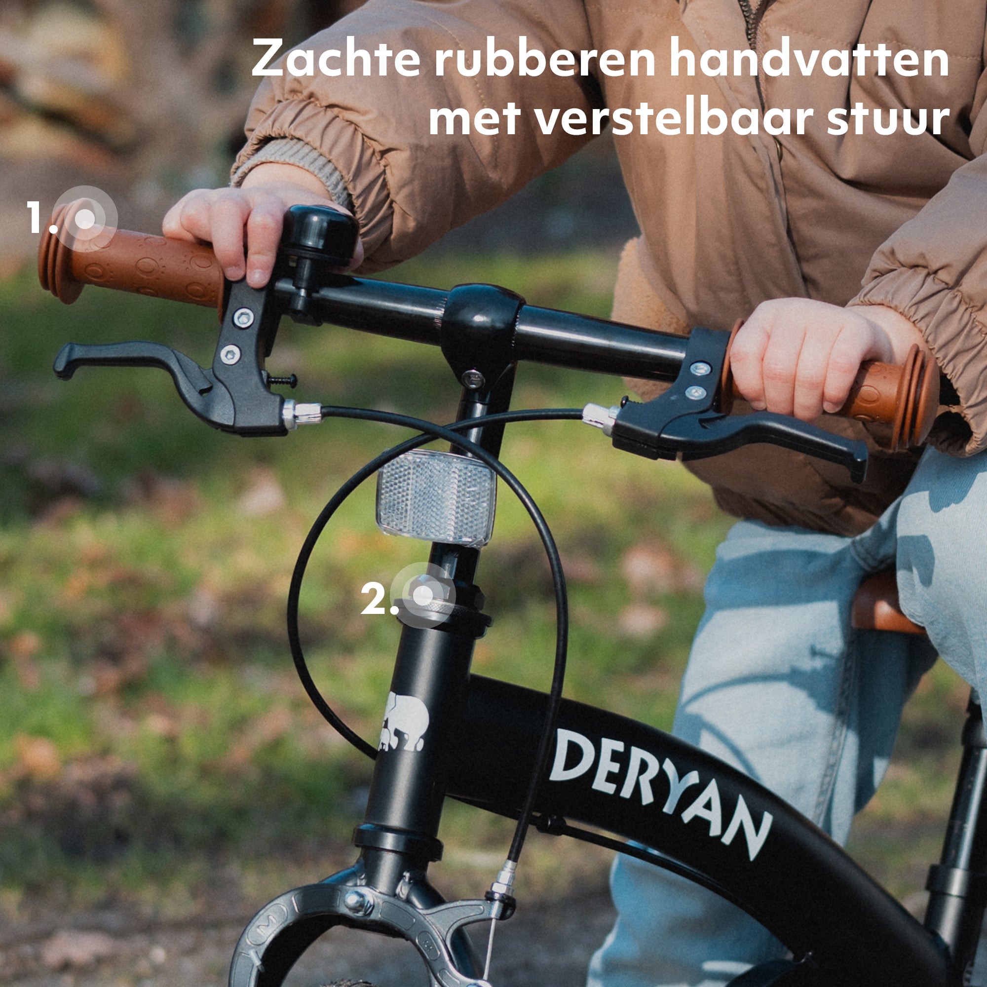 The DERYAN can be used as a balance bike, training bike, and children's bike. The model has adjustable handlebars, a PU leather saddle, removable pedals, and a closed chain guard. The bike is intended for young children who are learning to ride a bike in different stages.