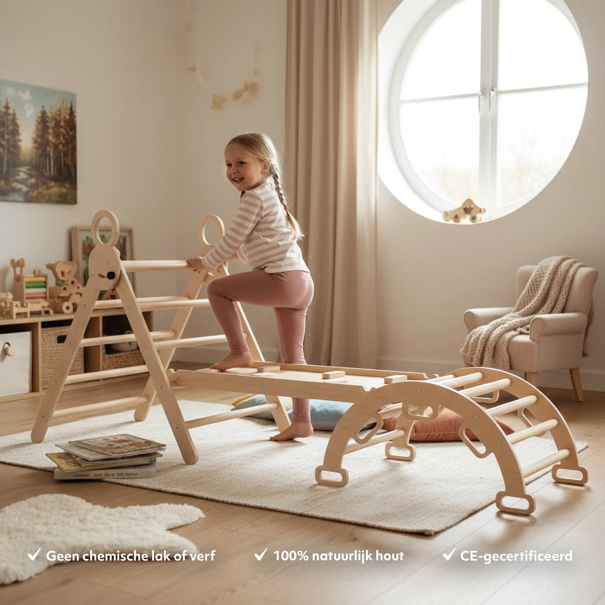 Het DERYAN Luxe houten klimrek is bedoeld voor gebruik binnenshuis door jonge kinderen tijdens spel en beweging. Het klimrek is gemaakt van hout en heeft meerdere speelelementen die klimmen en bewegen mogelijk maken. Het model is geschikt voor plaatsing in huis.