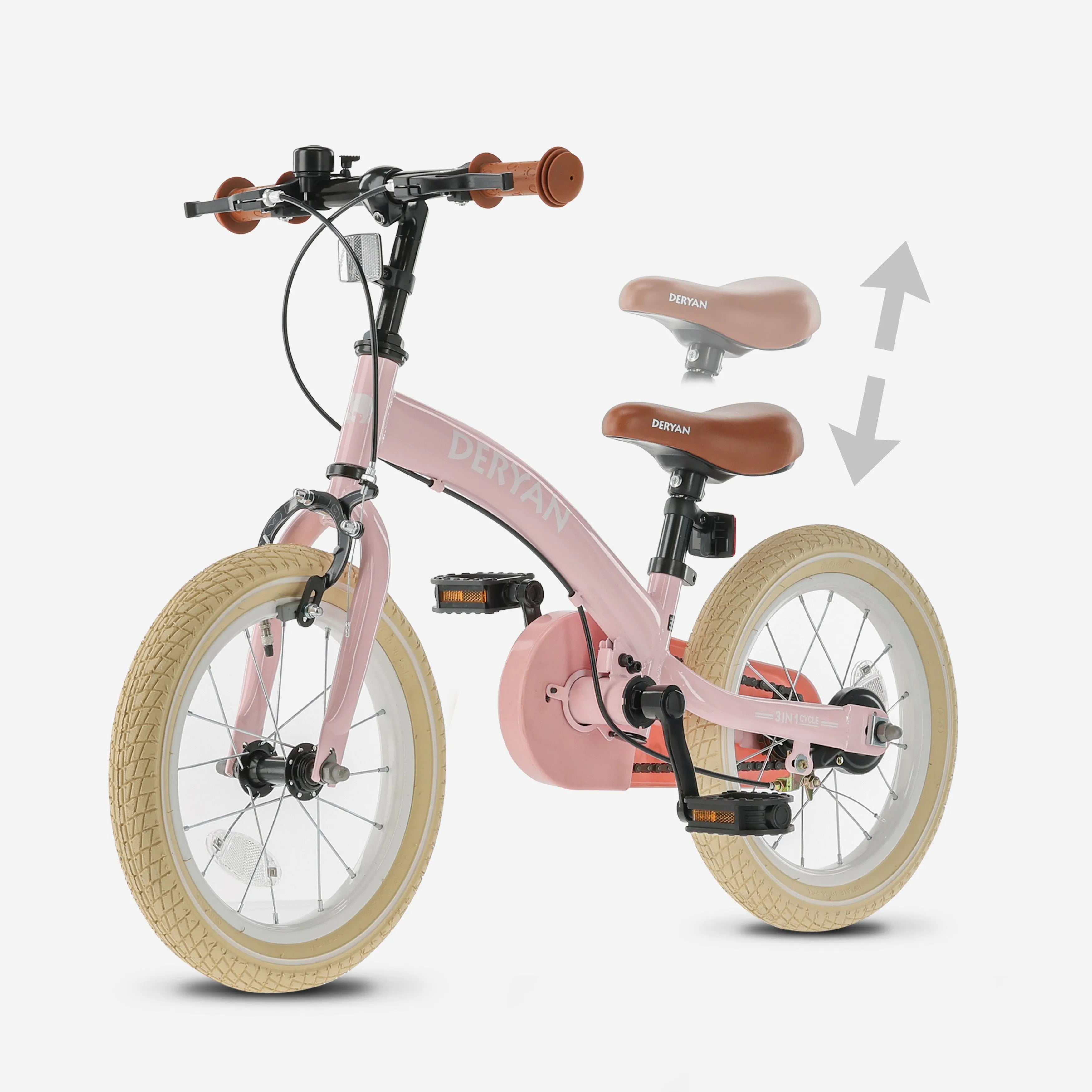 De DERYAN Luxe kinderfiets van veertien inch in het roze kan worden gebruikt als loopfiets, oefenfiets en kinderfiets. Het model heeft een verstelbaar stuur, een PU leren zadel, luchtbanden van veertien inch en een gesloten kettingkast. De fiets is bedoeld voor kinderen die leren fietsen.