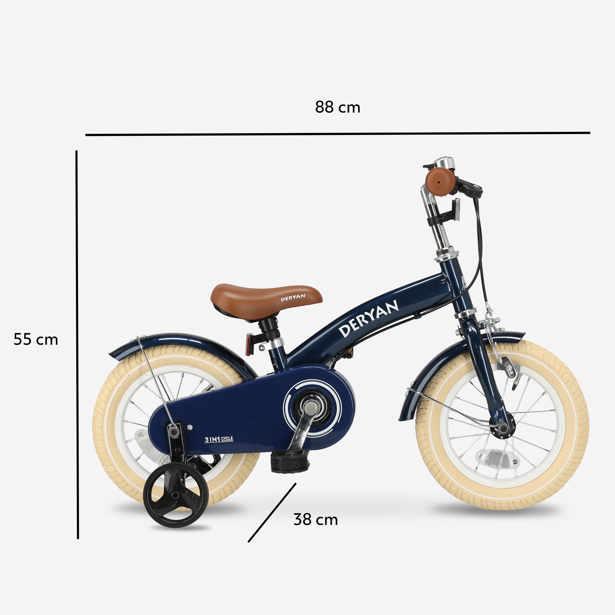 The DERYAN 12-inch children's bike in blue can be used as a balance bike, training bike, and children's bike. The model has adjustable handlebars, a PU leather saddle, 12-inch pneumatic tires, and a closed chain guard. The bike is intended for children who are learning to ride a bike.