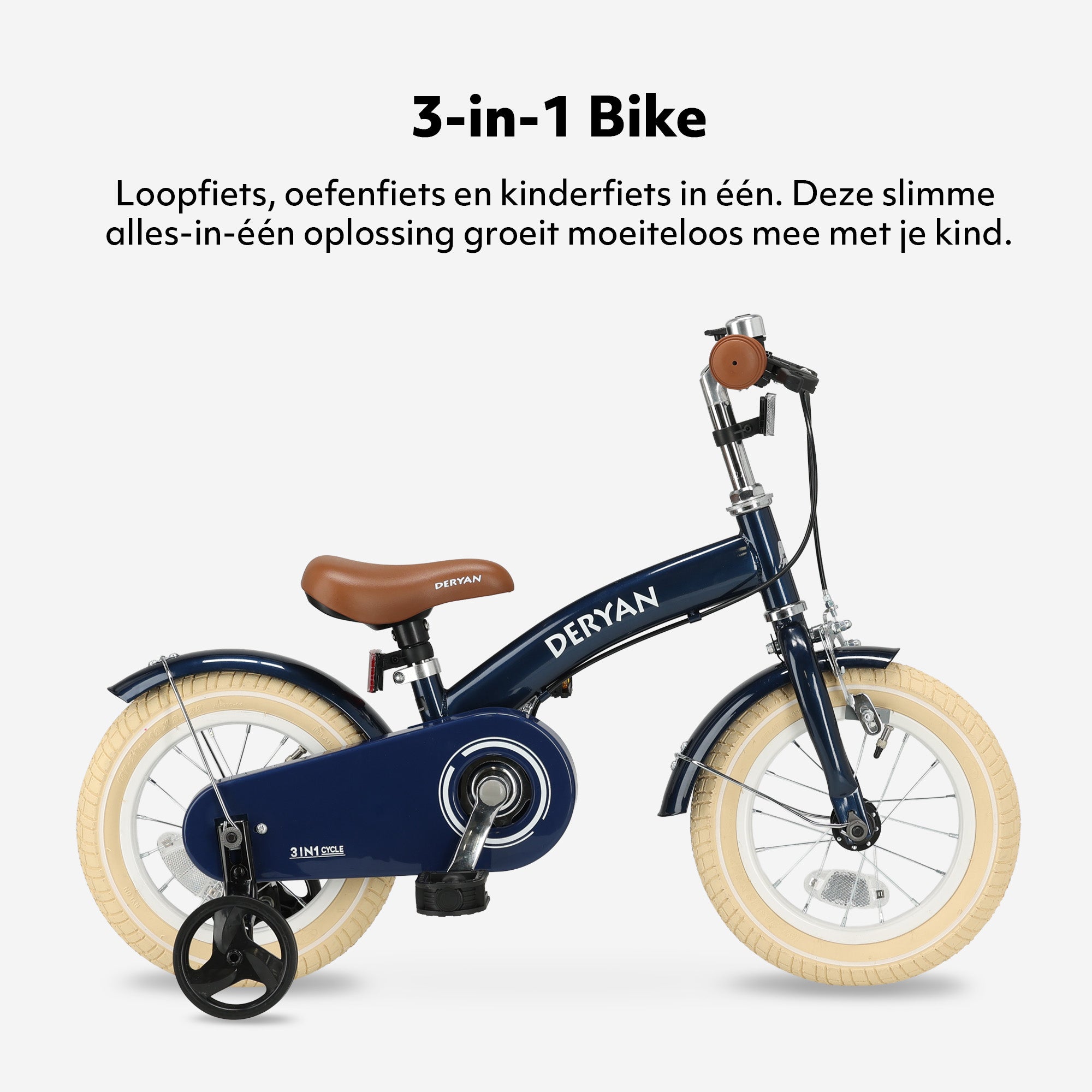 The DERYAN 12-inch children's bike in blue can be used as a balance bike, training bike, and children's bike. The model has adjustable handlebars, a PU leather saddle, 12-inch pneumatic tires, and a closed chain guard. The bike is intended for children who are learning to ride a bike.