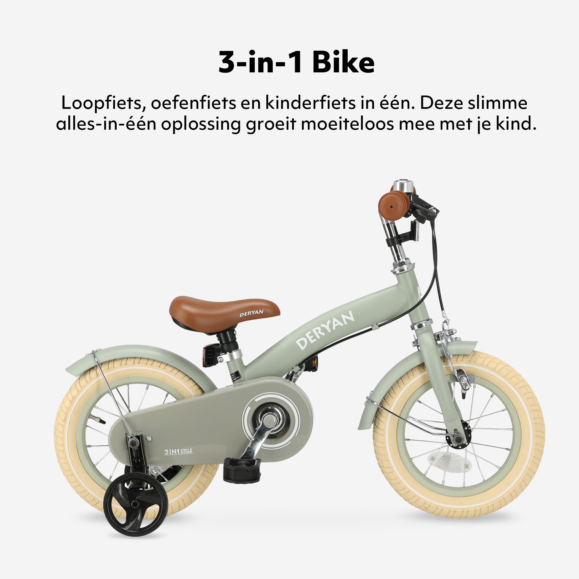 The DERYAN 12-inch children's bike in green can be used as a balance bike, training bike, and children's bike. The model has adjustable handlebars, a PU leather saddle, 12-inch pneumatic tires, and a closed chain guard. The bike is intended for children who are learning to ride a bike.