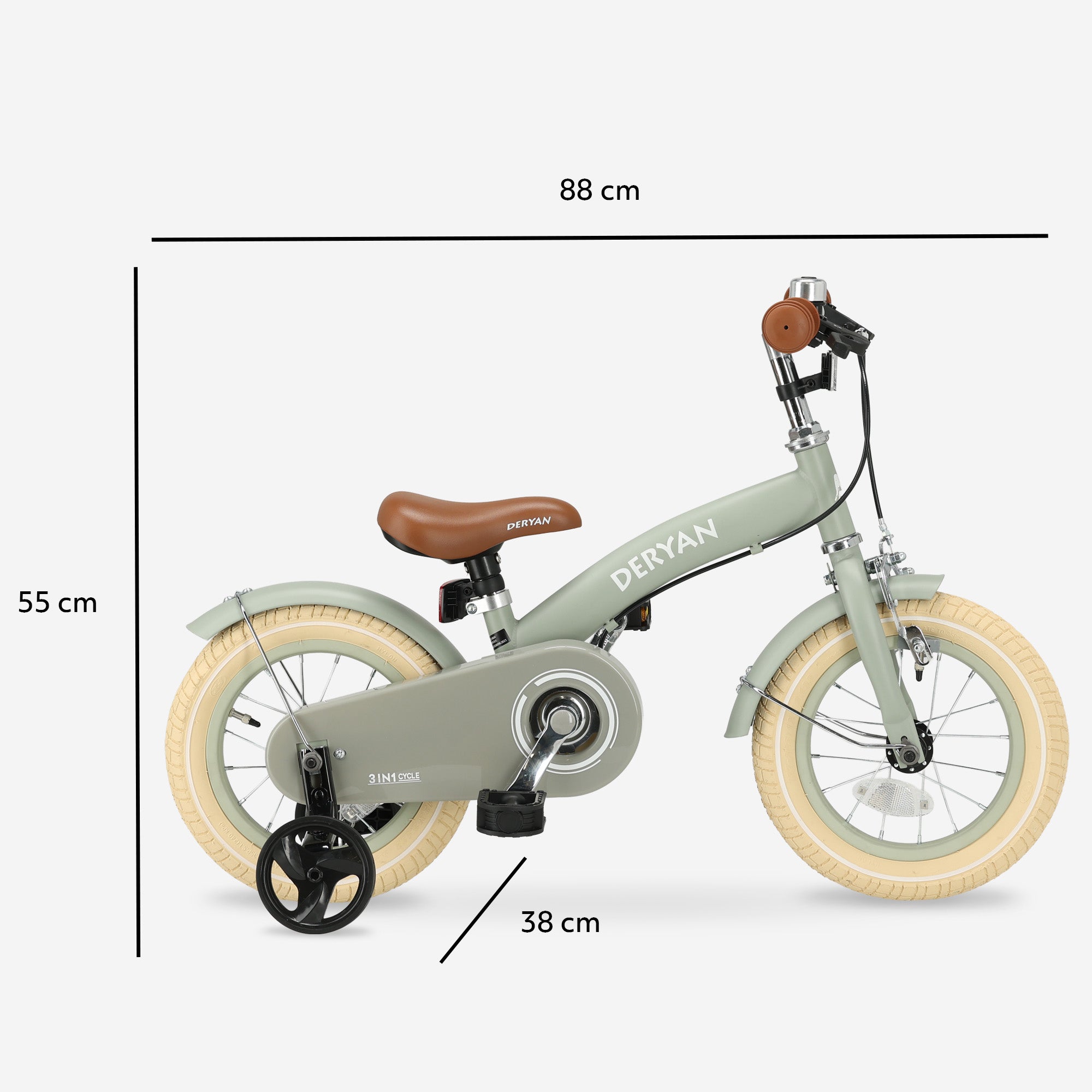 The DERYAN 12-inch children's bike in green can be used as a balance bike, training bike, and children's bike. The model has adjustable handlebars, a PU leather saddle, 12-inch pneumatic tires, and a closed chain guard. The bike is intended for children who are learning to ride a bike.