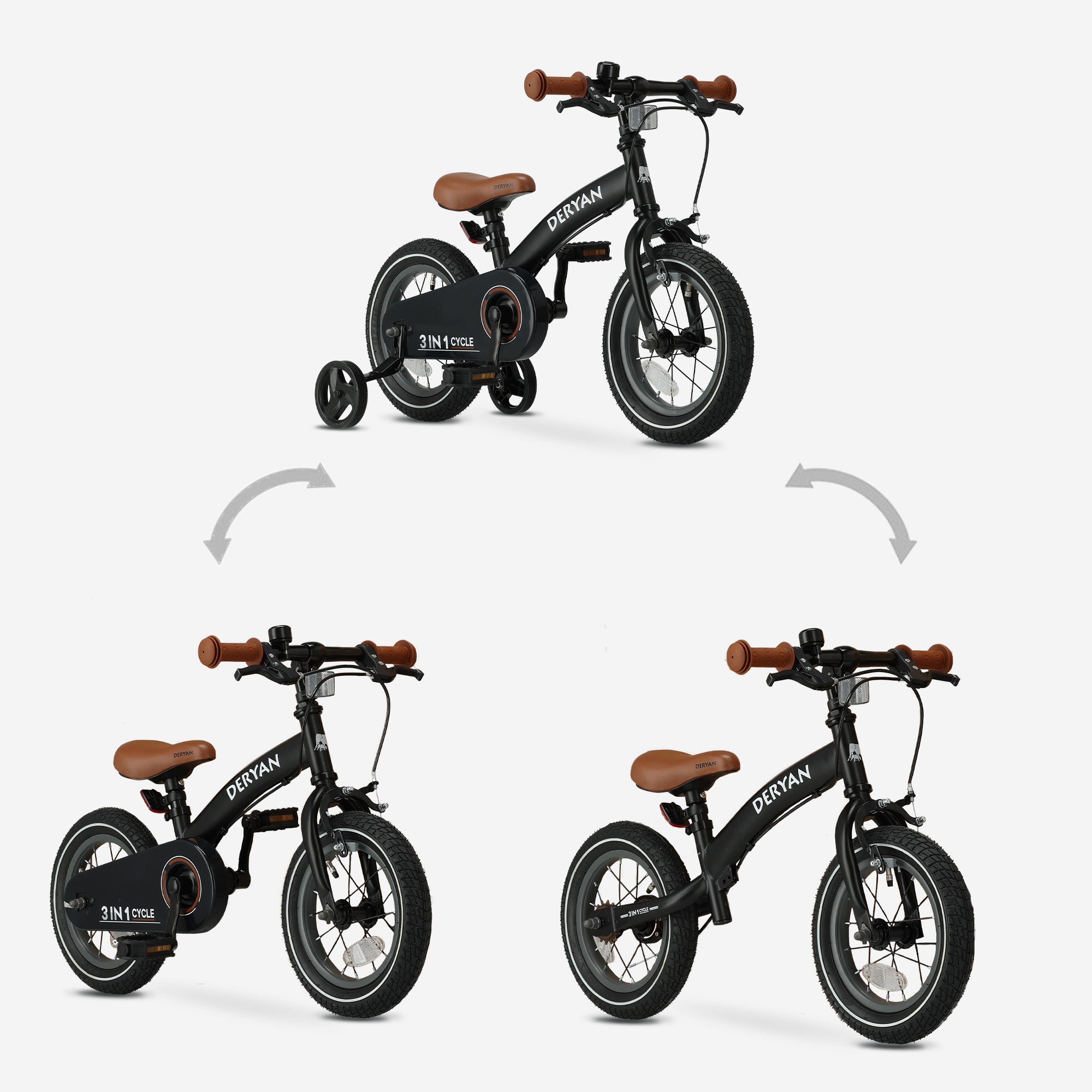 De DERYAN Luxe kinderfiets van twaalf inch in het zwart kan worden gebruikt als loopfiets, oefenfiets en kinderfiets. Het model heeft een verstelbaar stuur, een PU leren zadel, luchtbanden van twaalf inch en een gesloten kettingkast. De fiets is bedoeld voor kinderen die leren fietsen.