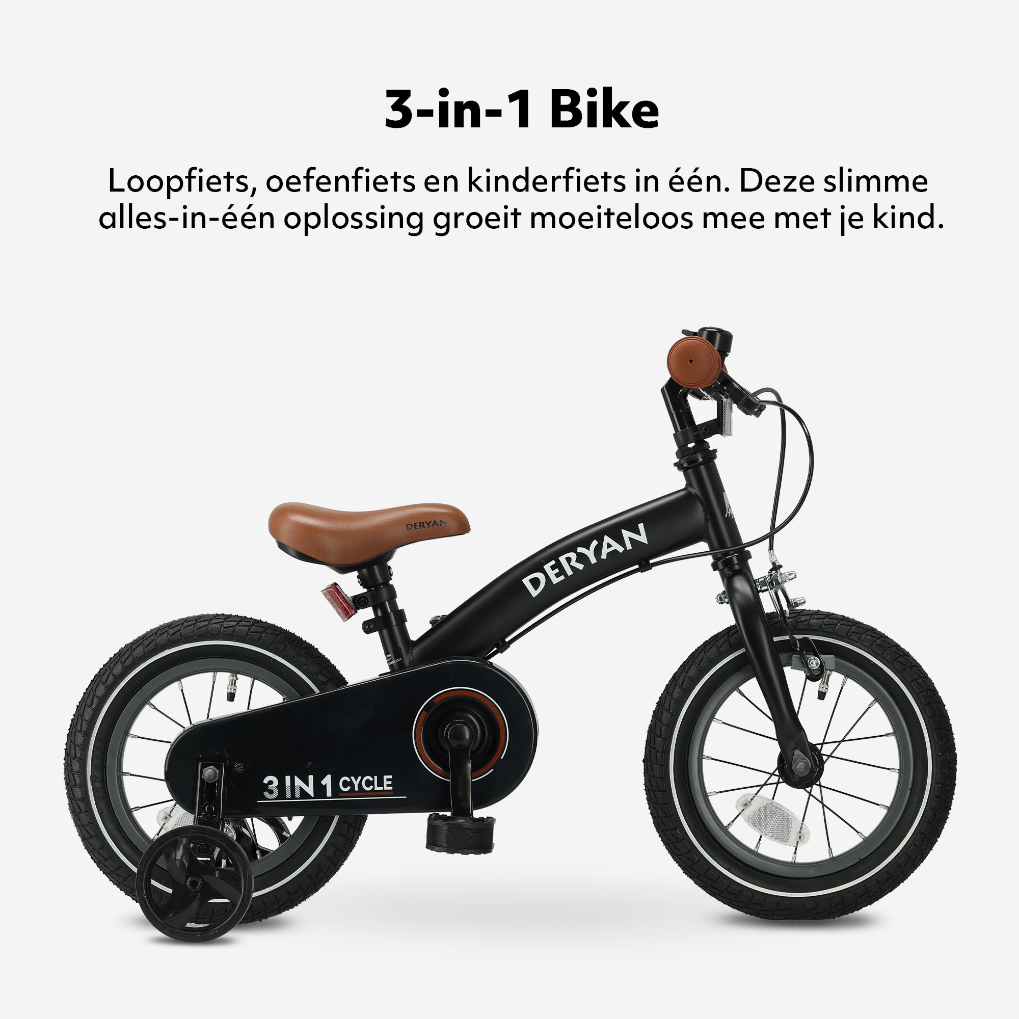 De DERYAN Luxe kinderfiets van twaalf inch in het zwart kan worden gebruikt als loopfiets, oefenfiets en kinderfiets. Het model heeft een verstelbaar stuur, een PU leren zadel, luchtbanden van twaalf inch en een gesloten kettingkast. De fiets is bedoeld voor kinderen die leren fietsen.