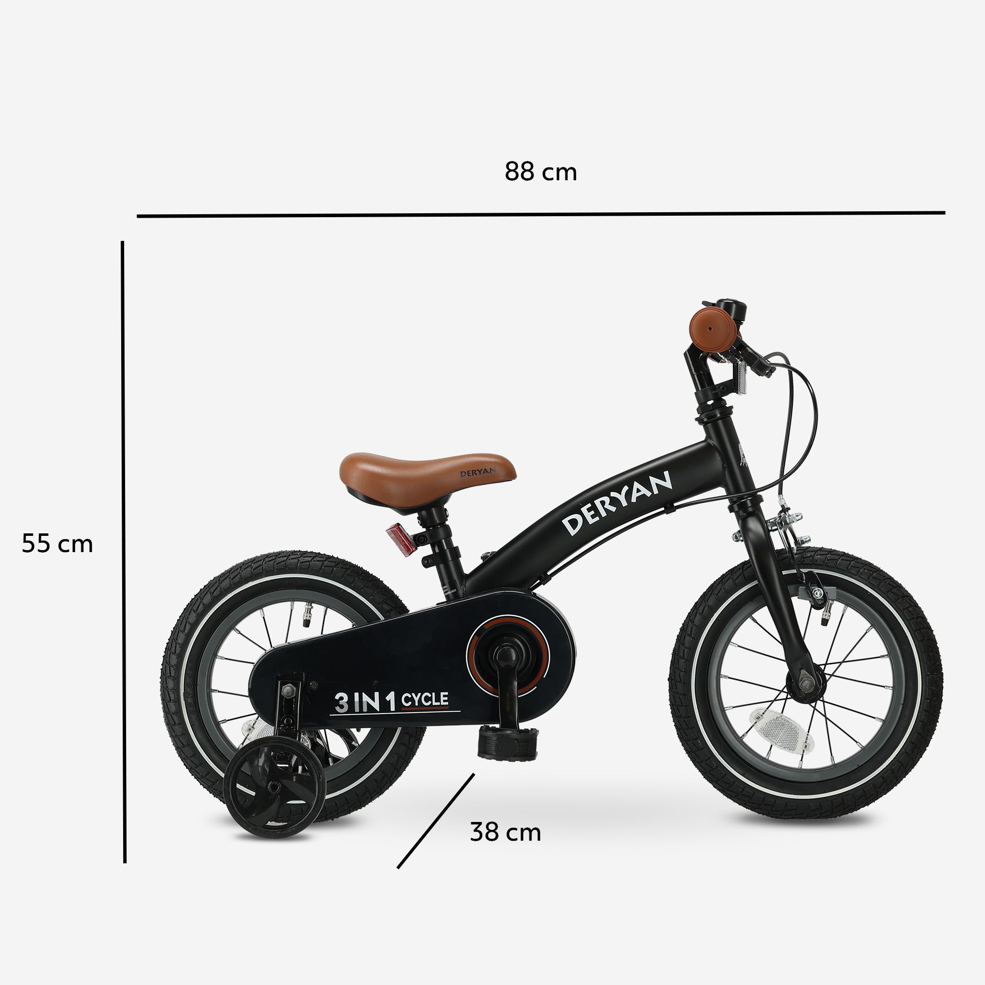 De DERYAN Luxe kinderfiets van twaalf inch in het zwart kan worden gebruikt als loopfiets, oefenfiets en kinderfiets. Het model heeft een verstelbaar stuur, een PU leren zadel, luchtbanden van twaalf inch en een gesloten kettingkast. De fiets is bedoeld voor kinderen die leren fietsen.