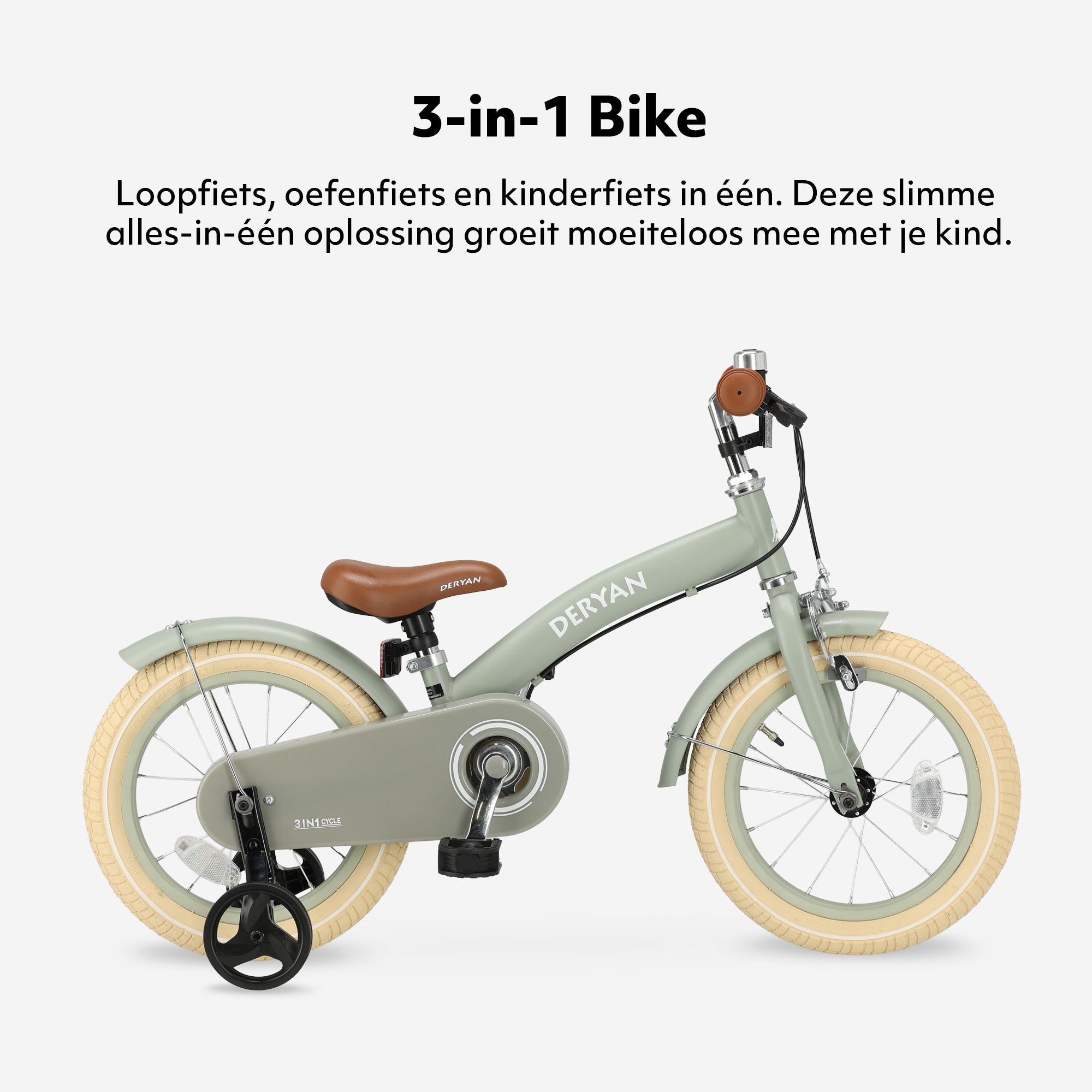 The DERYAN 14-inch children's bike in green can be used as a balance bike, training bike, and children's bike. The model has adjustable handlebars, a PU leather saddle, 14-inch pneumatic tires, and a closed chain guard. The bike is intended for children who are learning to ride a bike.