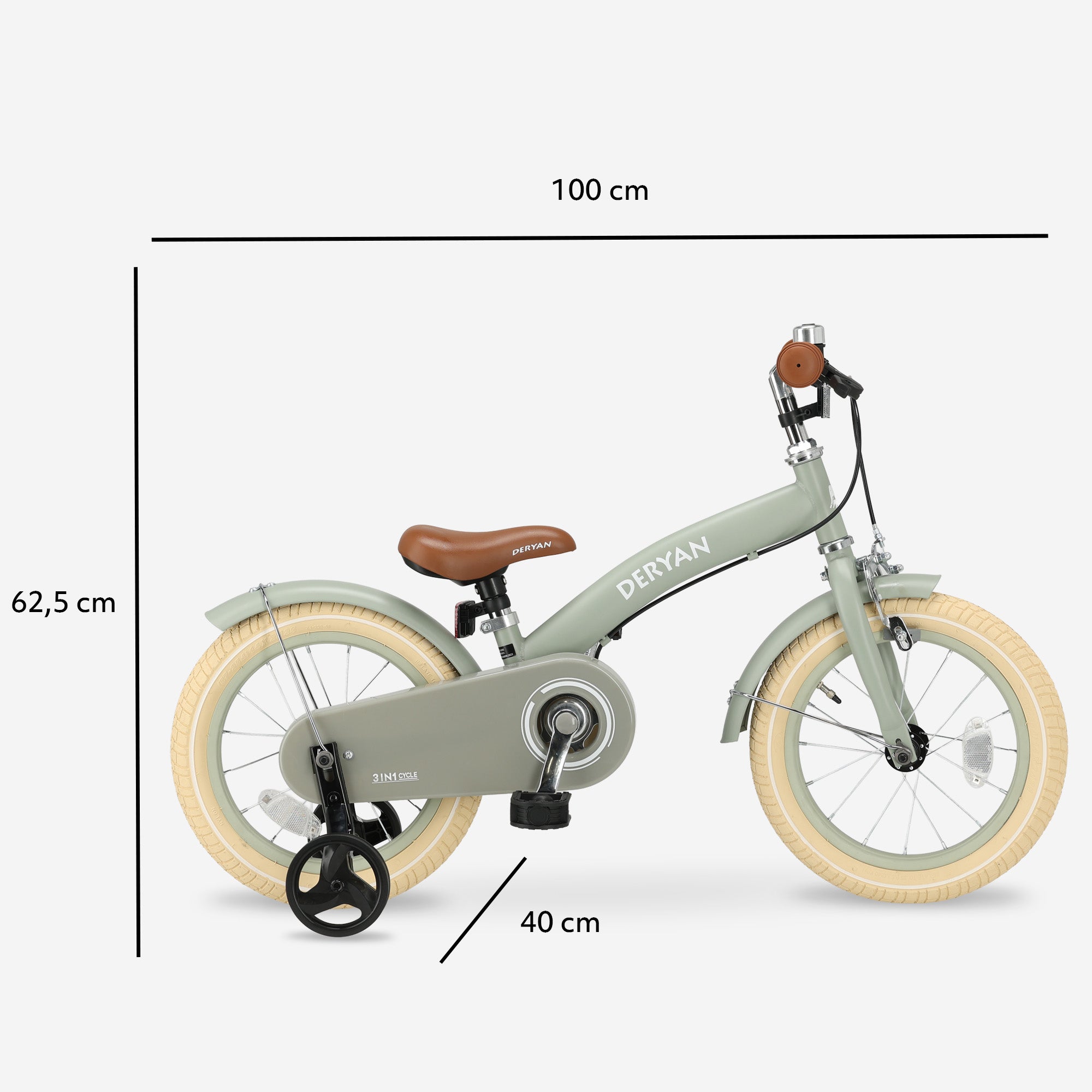 The DERYAN 14-inch children's bike in green can be used as a balance bike, training bike, and children's bike. The model has adjustable handlebars, a PU leather saddle, 14-inch pneumatic tires, and a closed chain guard. The bike is intended for children who are learning to ride a bike.