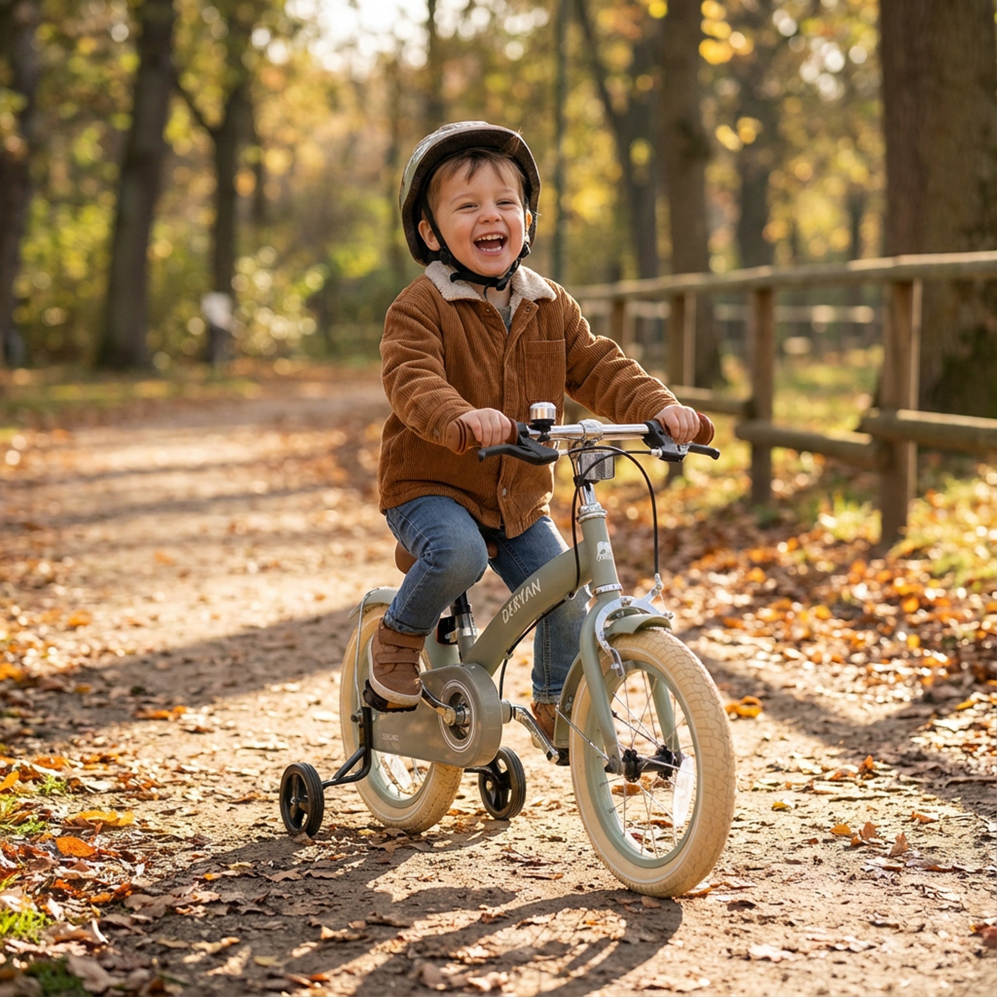 The DERYAN 14-inch children's bike in green can be used as a balance bike, training bike, and children's bike. The model has adjustable handlebars, a PU leather saddle, 14-inch pneumatic tires, and a closed chain guard. The bike is intended for children who are learning to ride a bike.