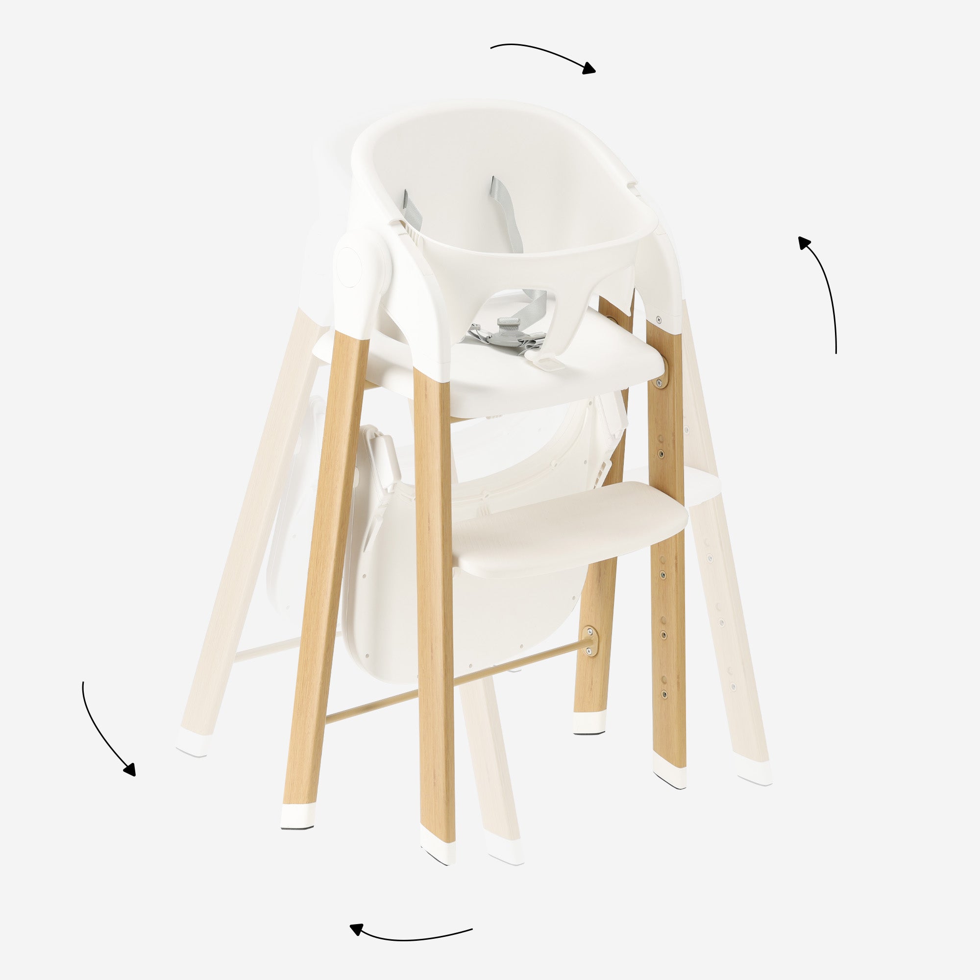 The DERYAN high chair in white features a removable tray and an adjustable design. The chair is intended for use by young children and can be used during mealtimes. The model is made of wood and plastic and is suitable for daily indoor use.