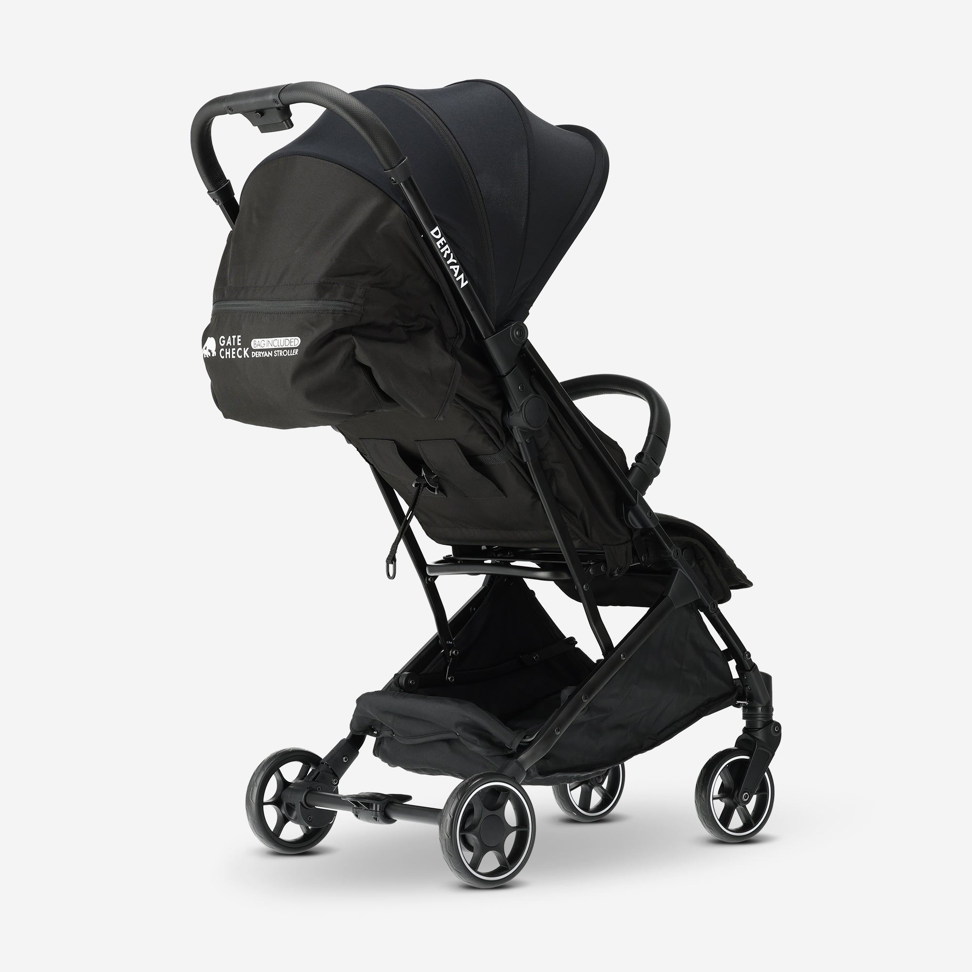 The DERYAN Buggy in black is a travel buggy with a compact design that is suitable for transport during travel. The model can be folded with one hand and has an adjustable seat, a sun canopy, and a five-point harness for use with young children.