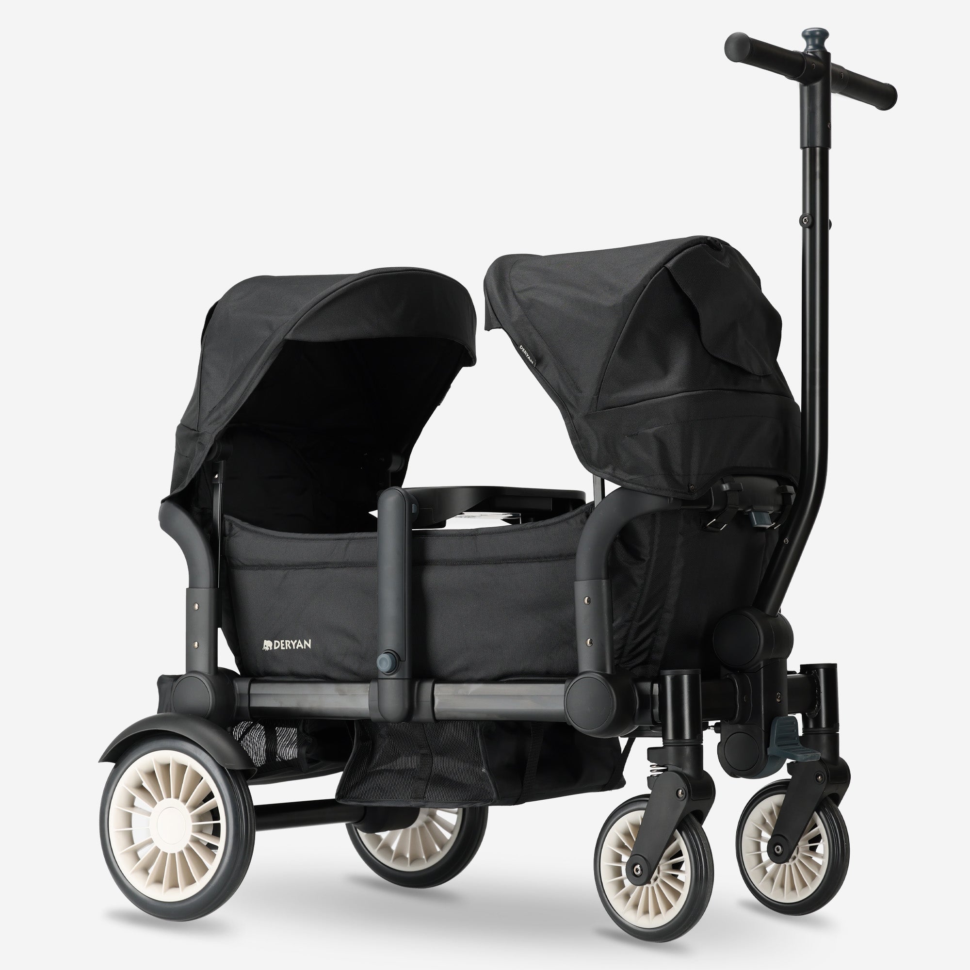 The DERYAN wagon in black is a foldable cart that can be used to transport children and belongings. The model has a sturdy frame, four wheels, and a foldable design. The wagon is suitable for use during outings and outdoors.