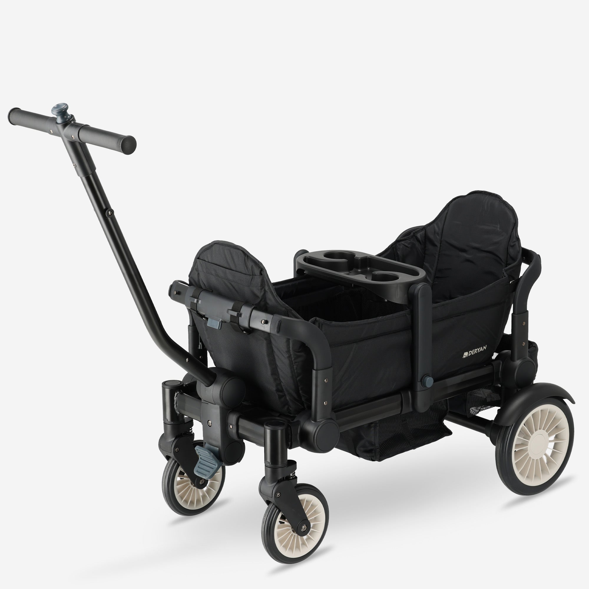 The DERYAN wagon in black is a foldable cart that can be used to transport children and belongings. The model has a sturdy frame, four wheels, and a foldable design. The wagon is suitable for use during outings and outdoors.
